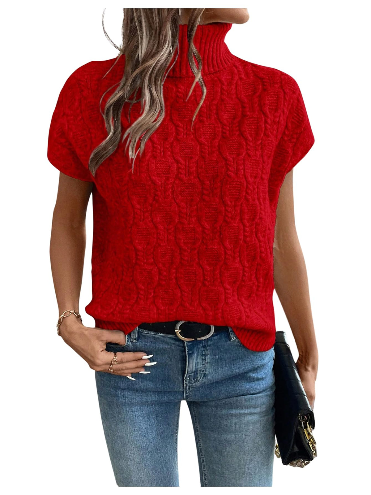 WDIRARA Women's Turtleneck Cap Sleeve Sweater Vest Pullover Knitted Top Loose Oversized Knitwear