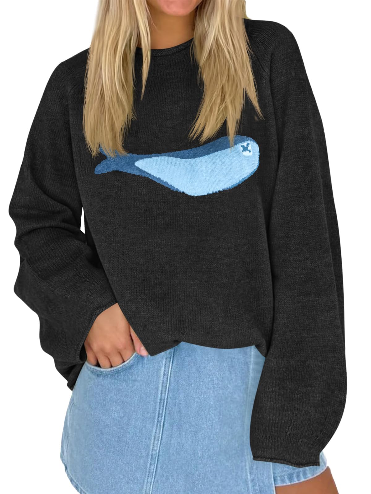 Tankaneo Womens Fish Graphic Oversized Sweaters Lightweight Knit Pullover