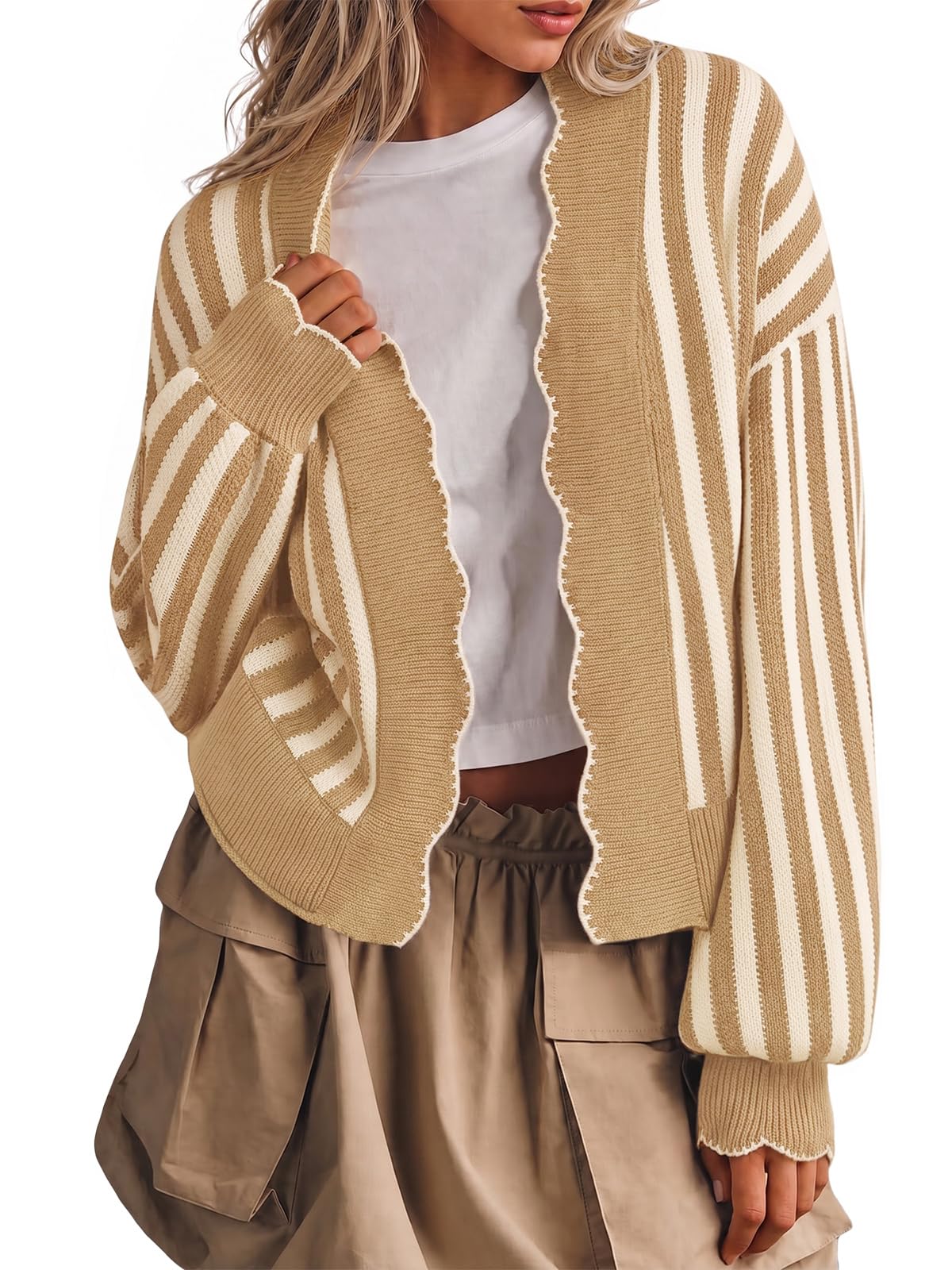 Flowyair Women's Striped Cardigan Sweater Open Front Ruffle Long Sleeve
