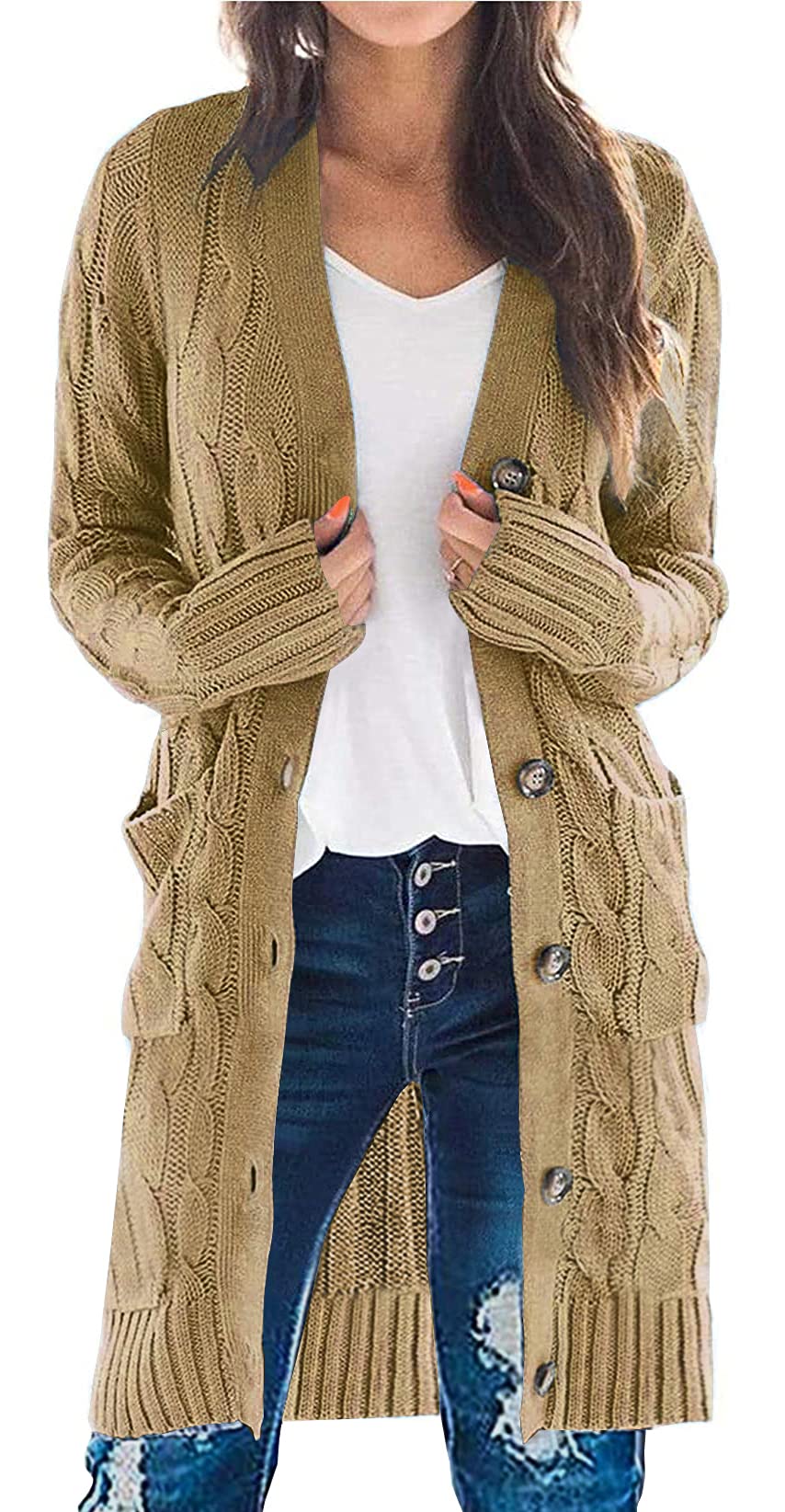 PRETTYGARDEN Womens Cable Knit Button Long Cardigan Sweaters