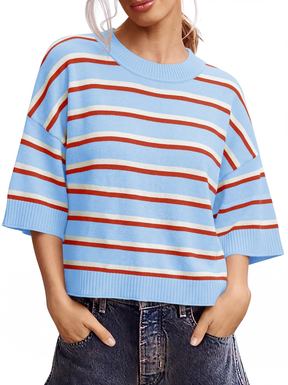 Saodimallsu Womens Short Sleeve Sweater Oversized Cropped Sweaters Knit Top