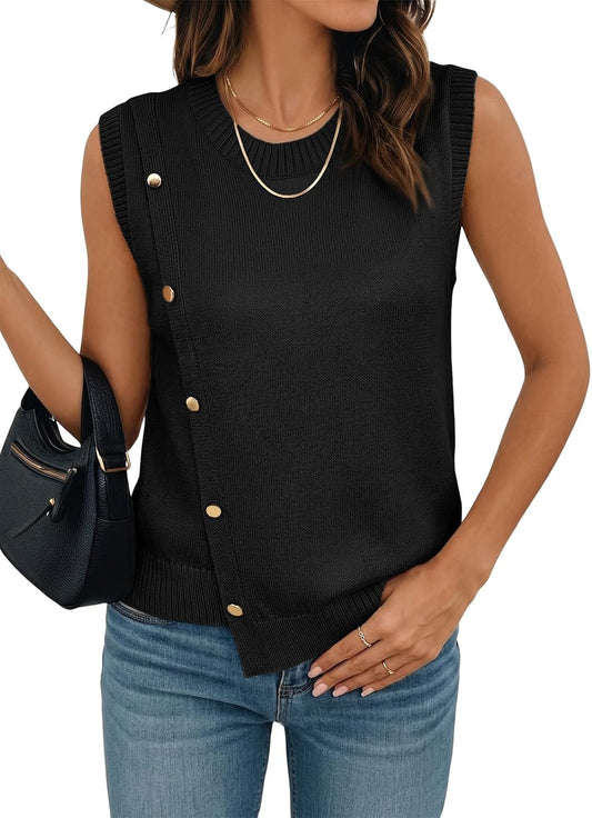 Pink Queen Women's Sleeveless Pullover Button Decor Knit Sweater Vest