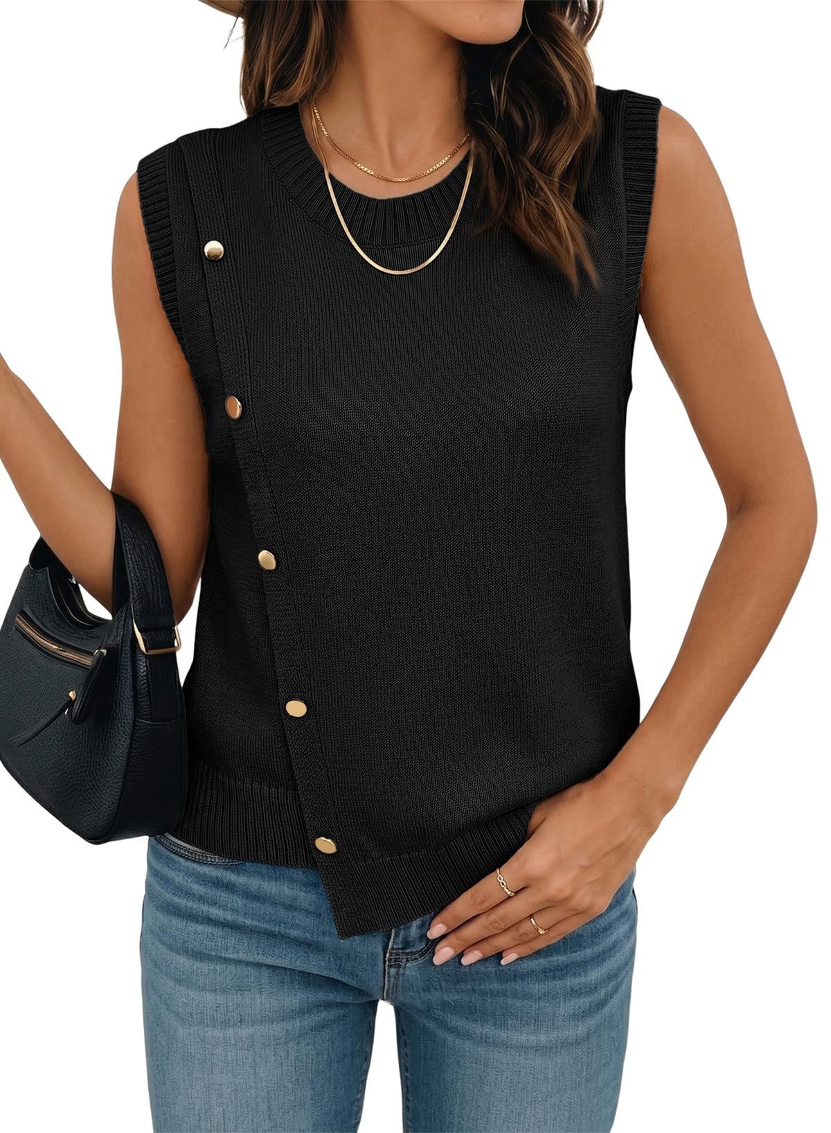 Pink Queen Women's Sleeveless Pullover Button Decor Knit Sweater Vest