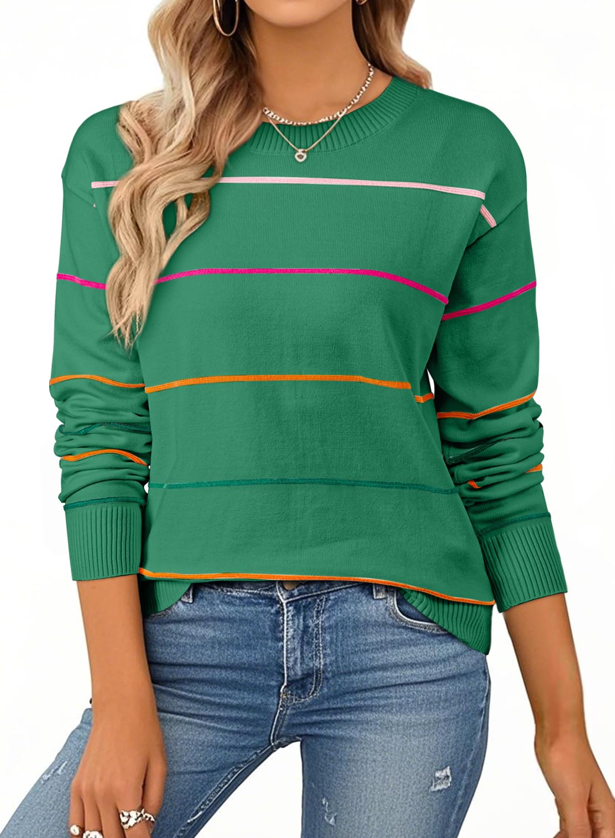 SHEWIN Womens Sweaters Crew Neck Knit Long Sleeve Striped Sweater Fall Outfits for Women 2026