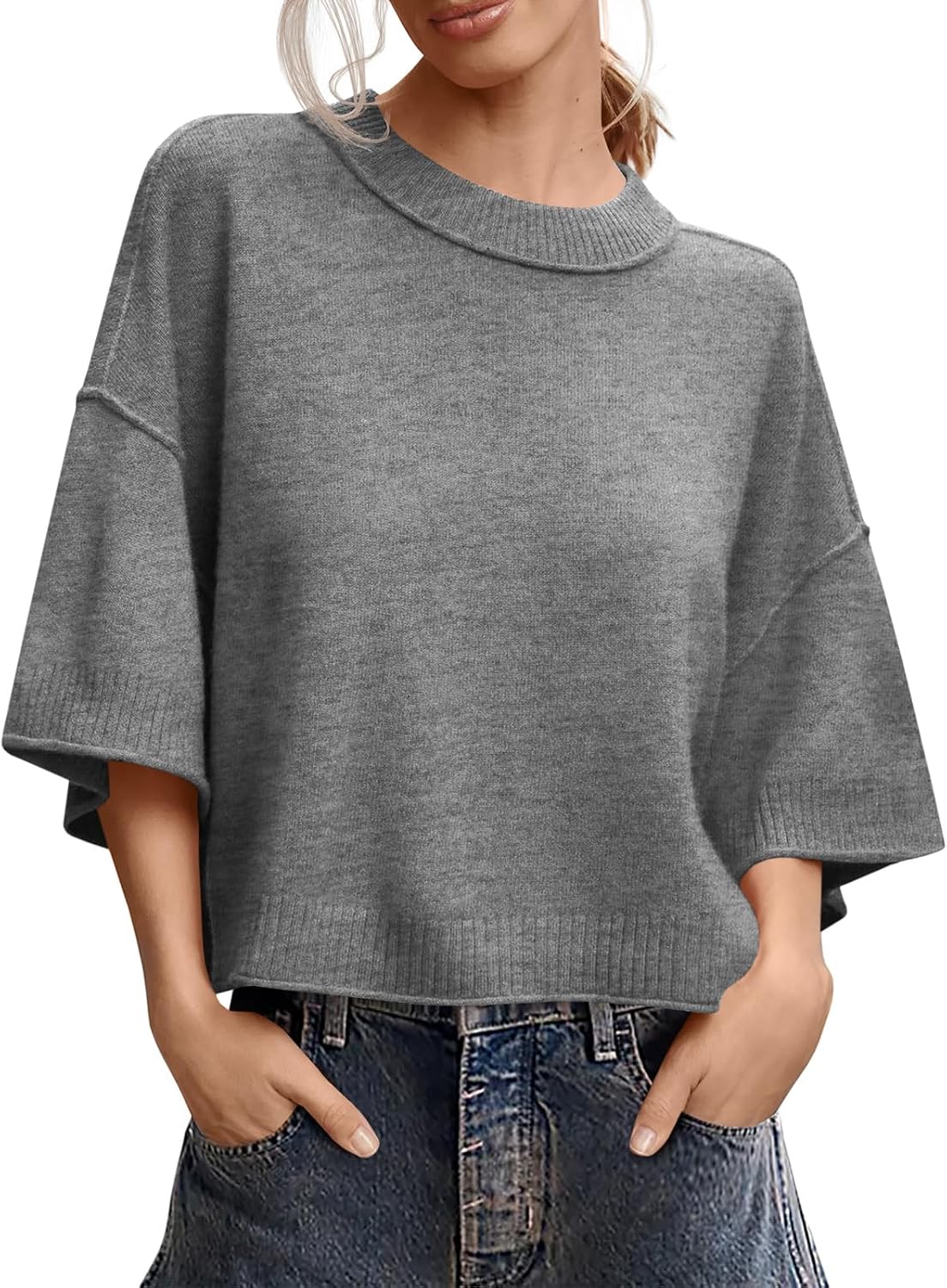 Saodimallsu Womens Short Sleeve Sweater Oversized Cropped Sweaters Knit Top