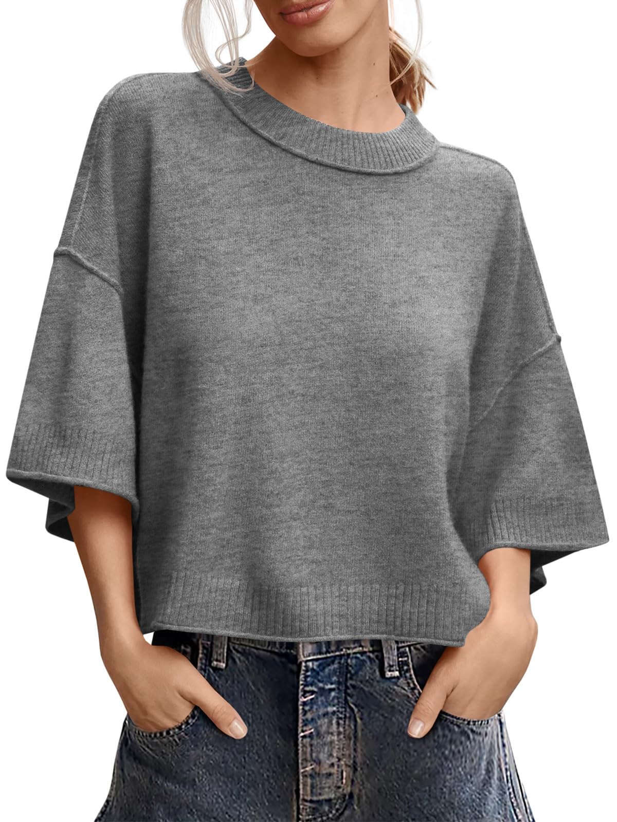 Saodimallsu Womens Short Sleeve Sweater Oversized Cropped Sweaters Knit Top