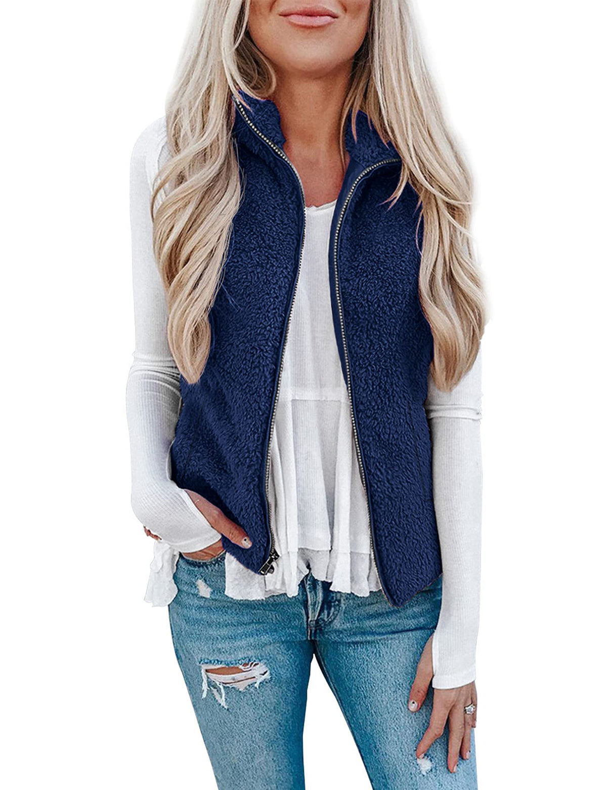 LOMON Womens Fuzzy Sherpa Fleece Jacket Lightweight Vest Cozy Sleeveless Cardigan Zipper Waistcoat Outerwear with Pocket
