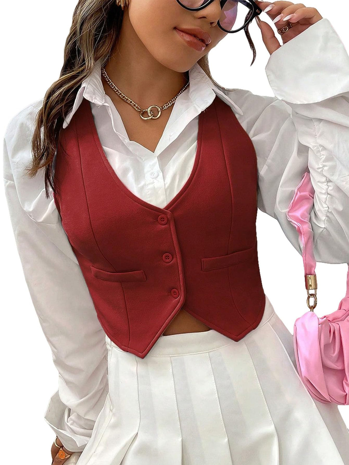 SweatyRocks Women's Solid Button Front Crop Waistcoat V Neck Vest Tops