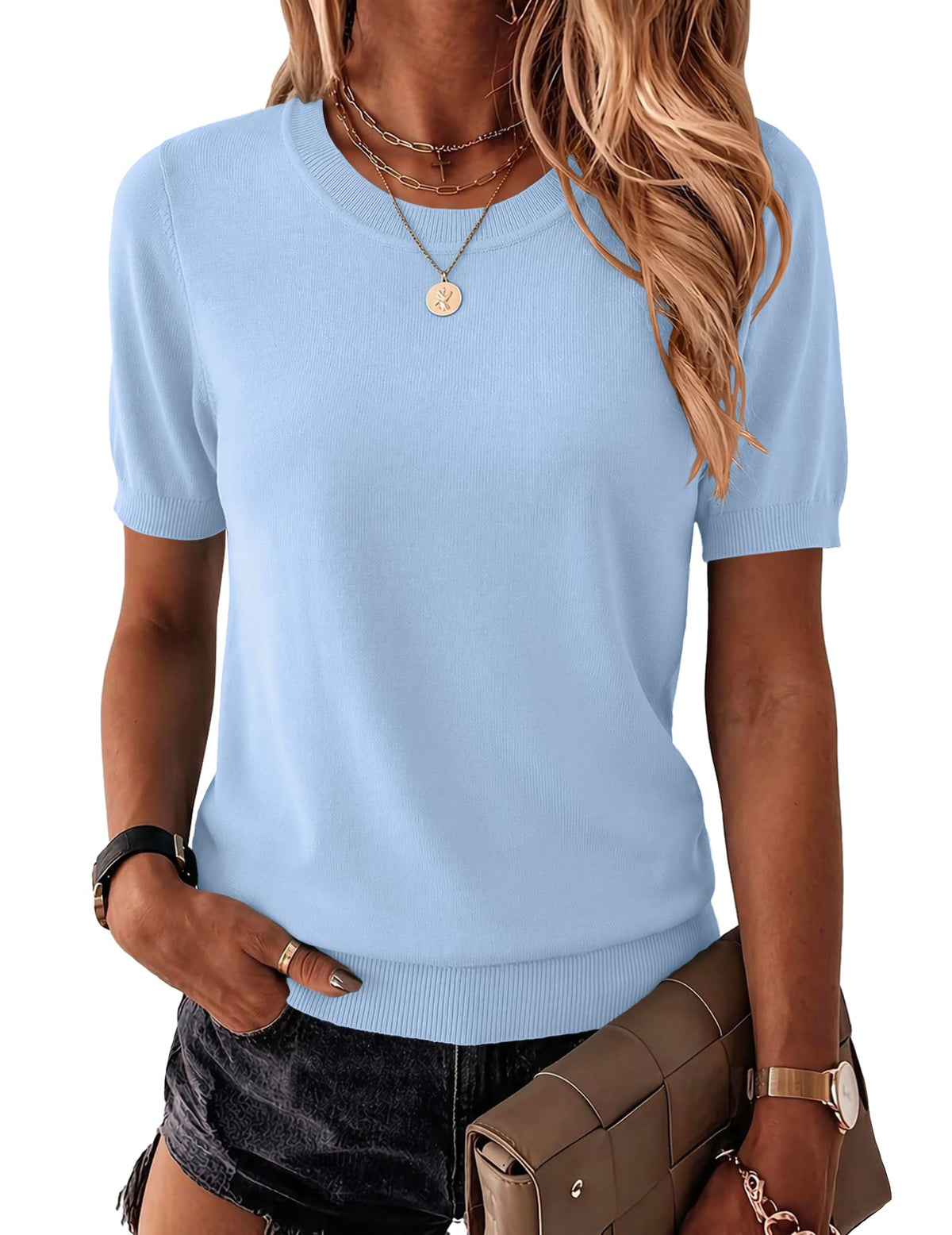 Zeagoo Womens Tops Short Sleeve Sweater Crewneck Basic Fashion Clothing
