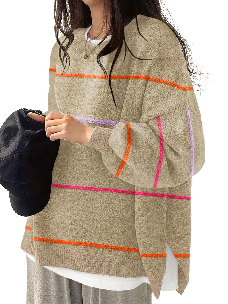 Womens Oversized Sweaters Fall Fashion Side Slit Ribbed Pullover Sweater