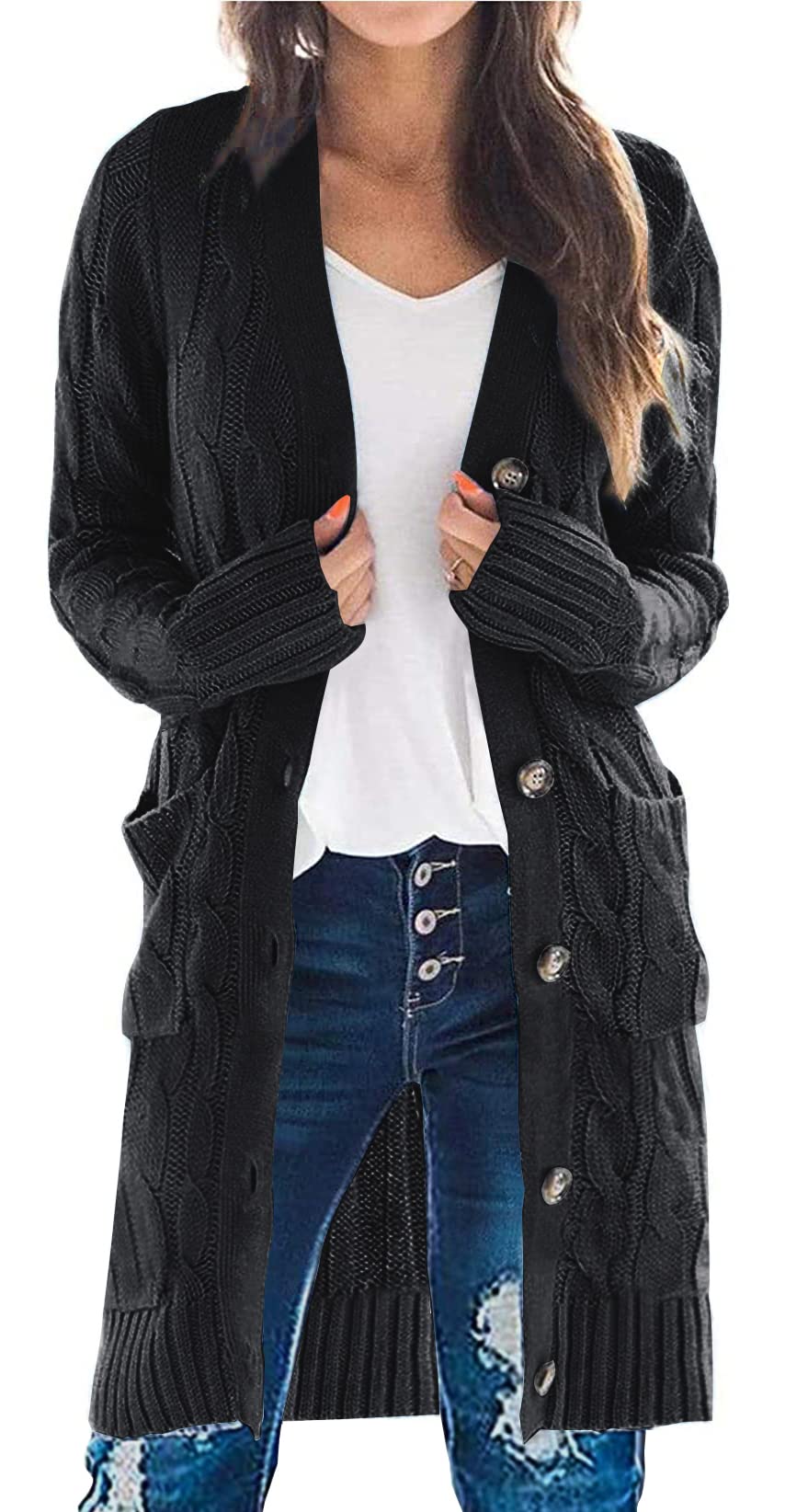 PRETTYGARDEN Womens Cable Knit Button Long Cardigan Sweaters