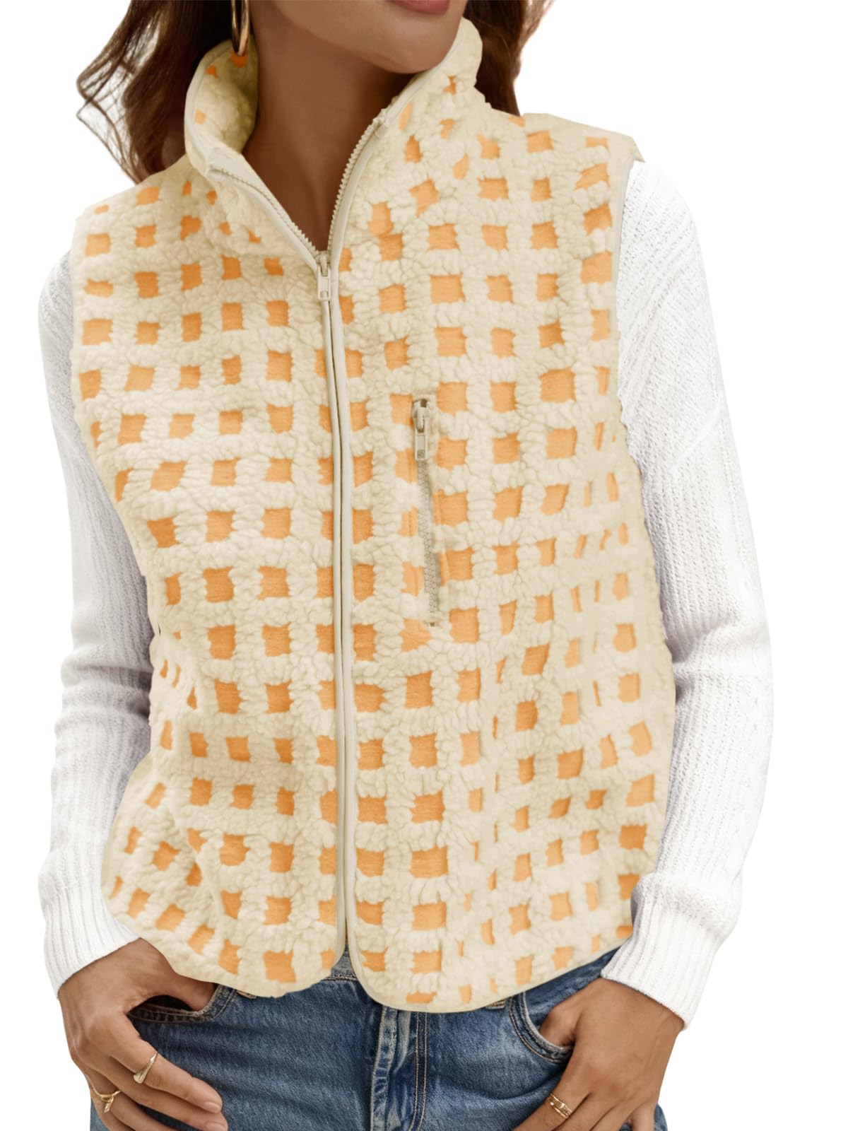 Tankaneo Womens Checkered Sherpa Vest Fleece Fuzzy Zip Up Sleeveless Jacket