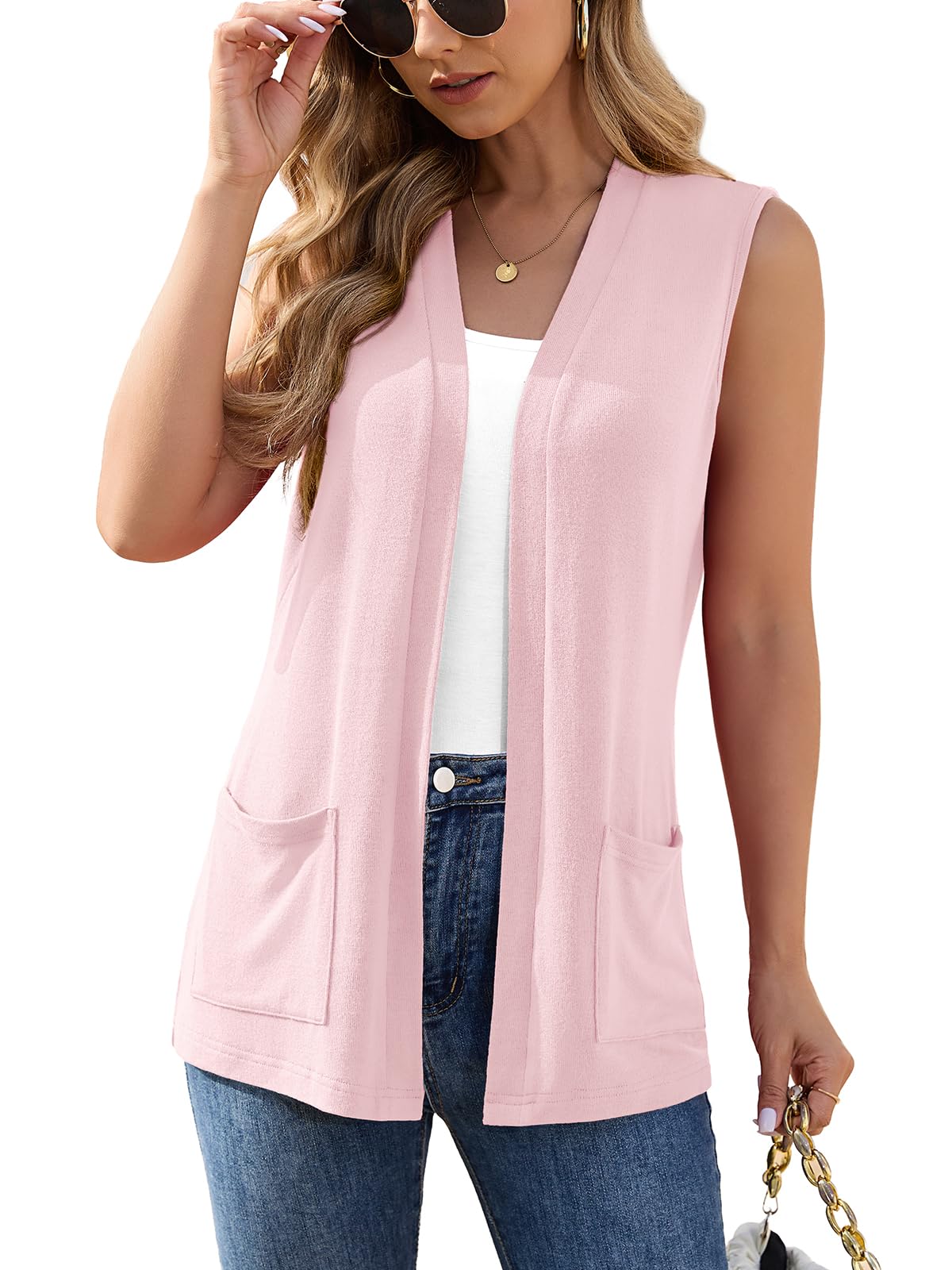 Veryoung Womens Sleeveless Open Front Cardigan Vest Lightweight Thin Vests Layering Top with Pockets for Summer Casual Office