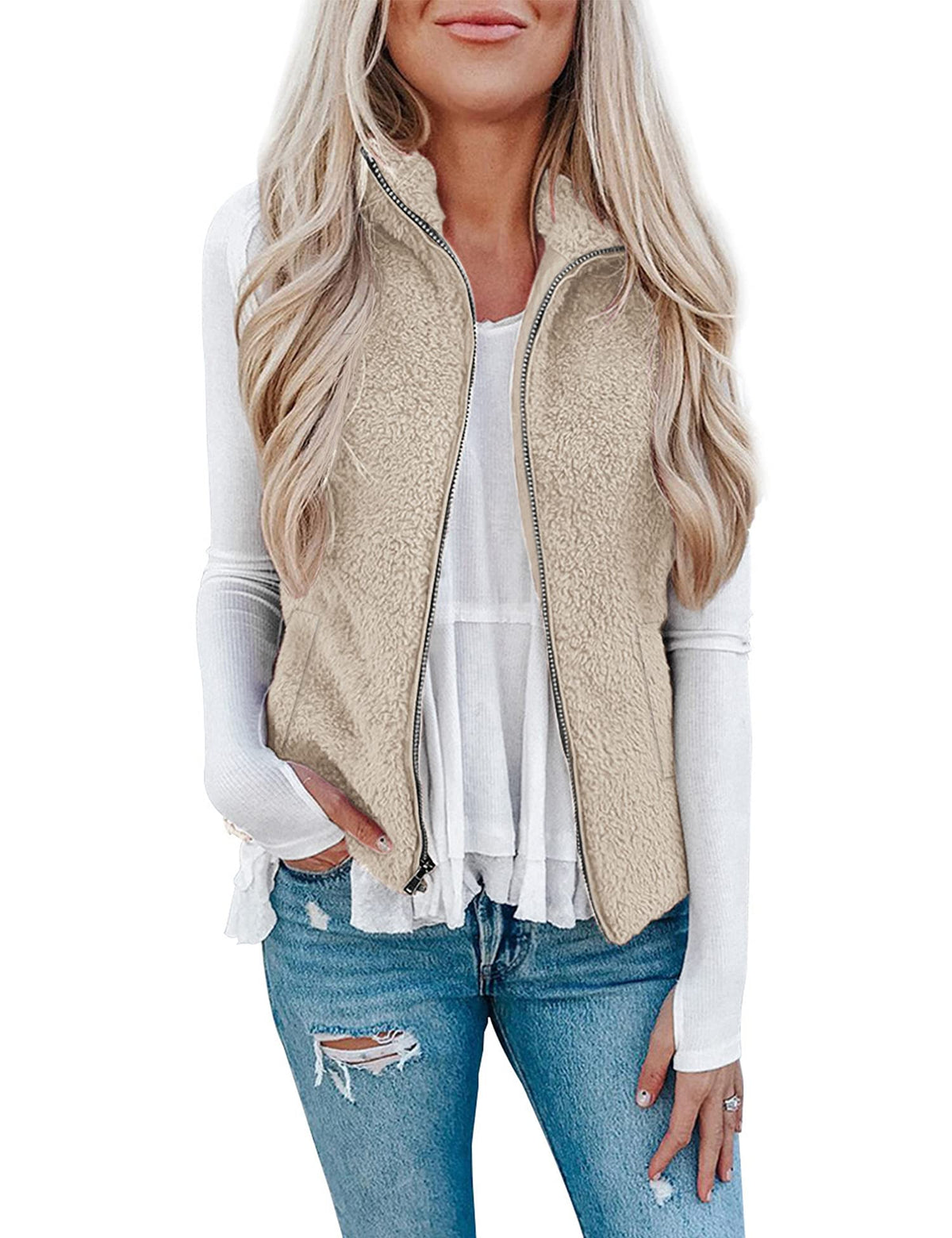 LOMON Womens Fuzzy Sherpa Fleece Jacket Lightweight Vest Cozy Sleeveless Cardigan Zipper Waistcoat Outerwear with Pocket