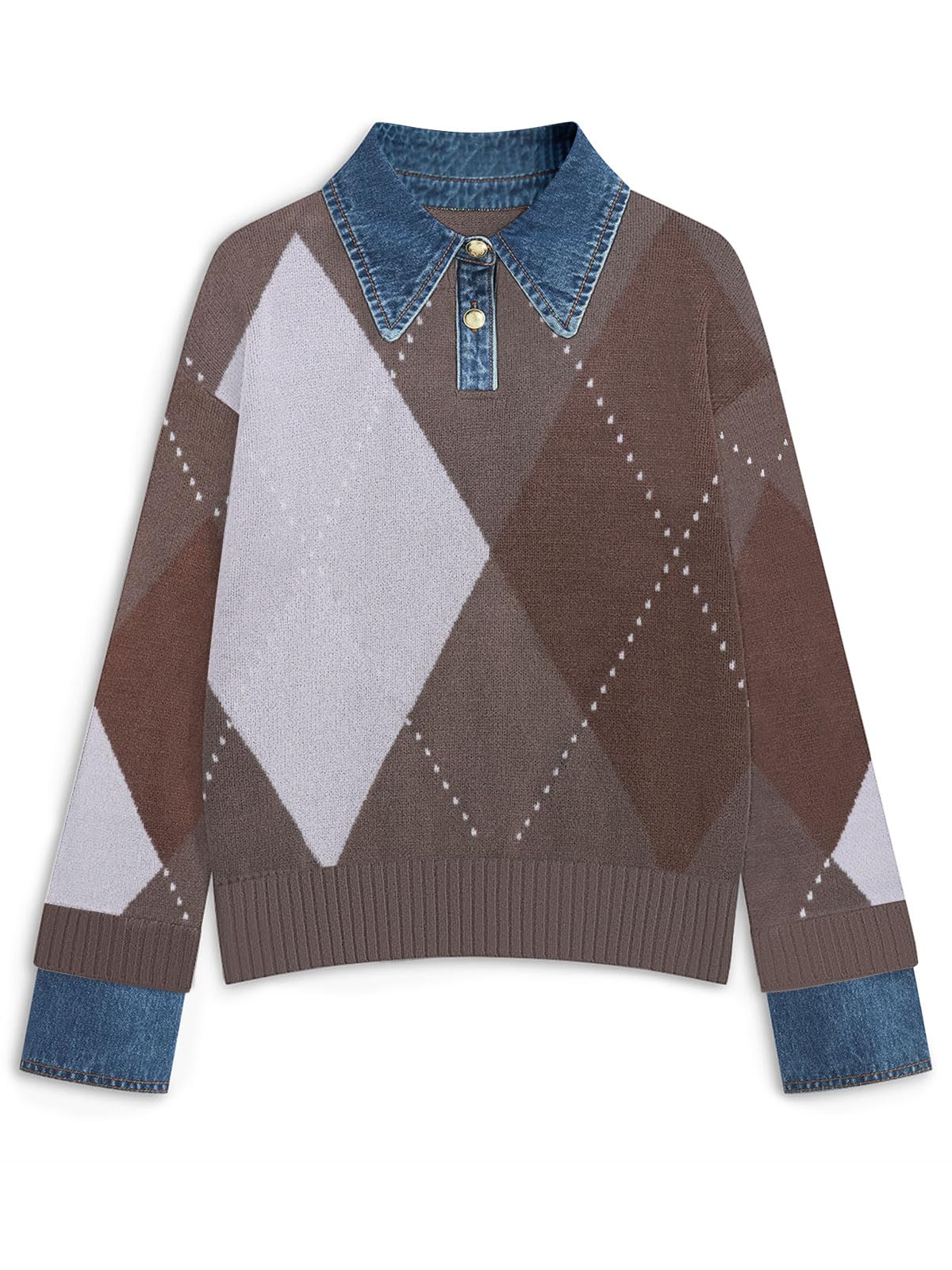 GUNEST Womens Oversized Sweater Denim Polo Knit Collared Fall Sweater