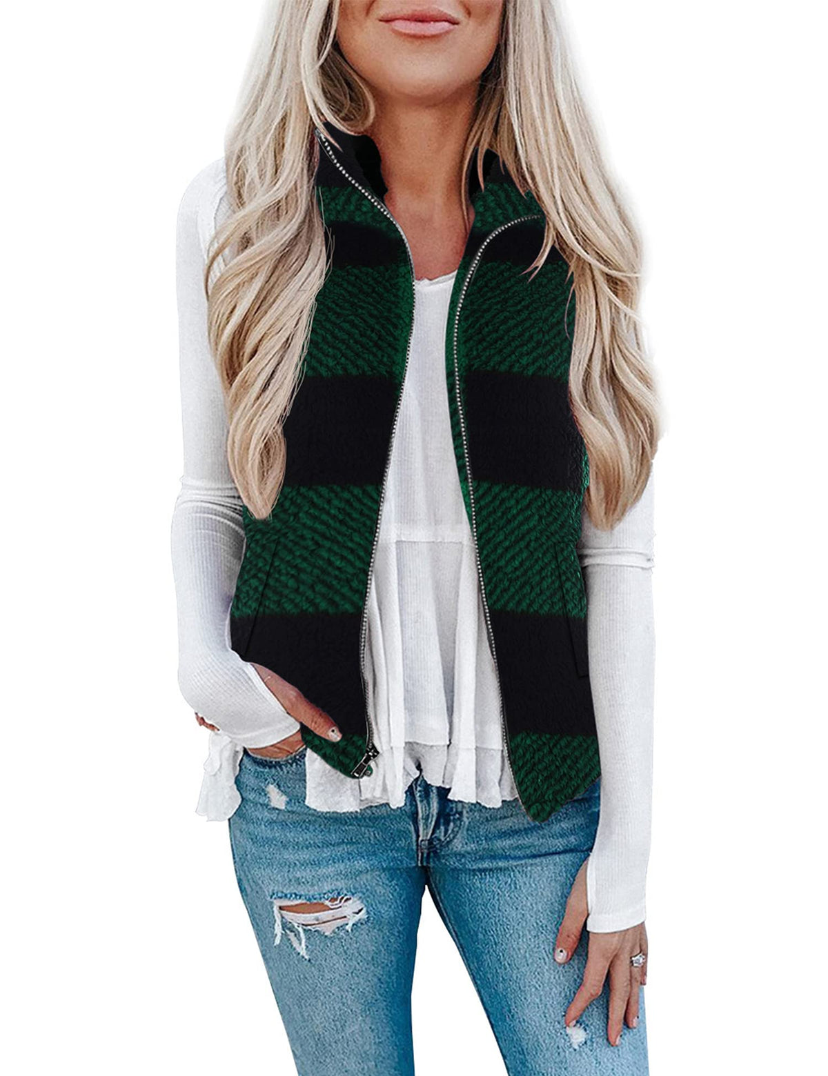 LOMON Womens Fuzzy Sherpa Fleece Jacket Lightweight Vest Cozy Sleeveless Cardigan Zipper Waistcoat Outerwear with Pocket