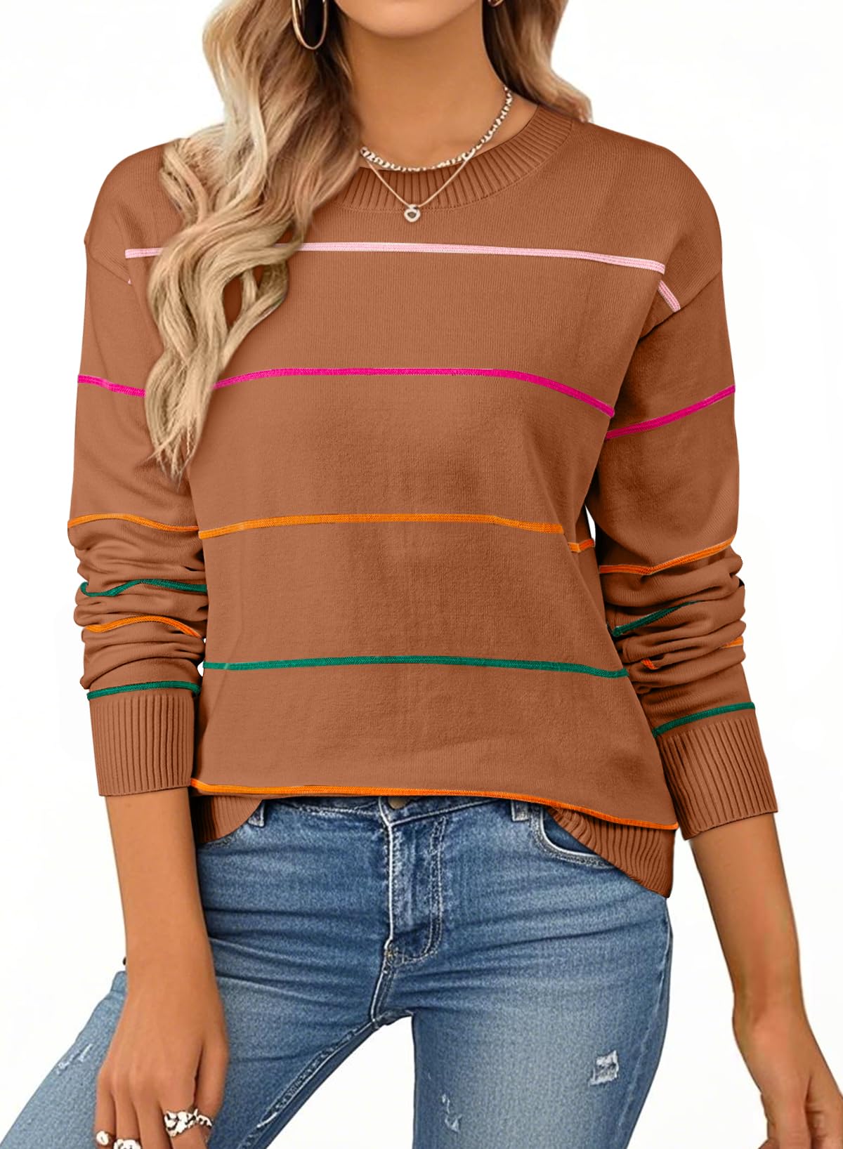 SHEWIN Womens Sweaters Crew Neck Knit Long Sleeve Striped Sweater Fall Outfits for Women 2026