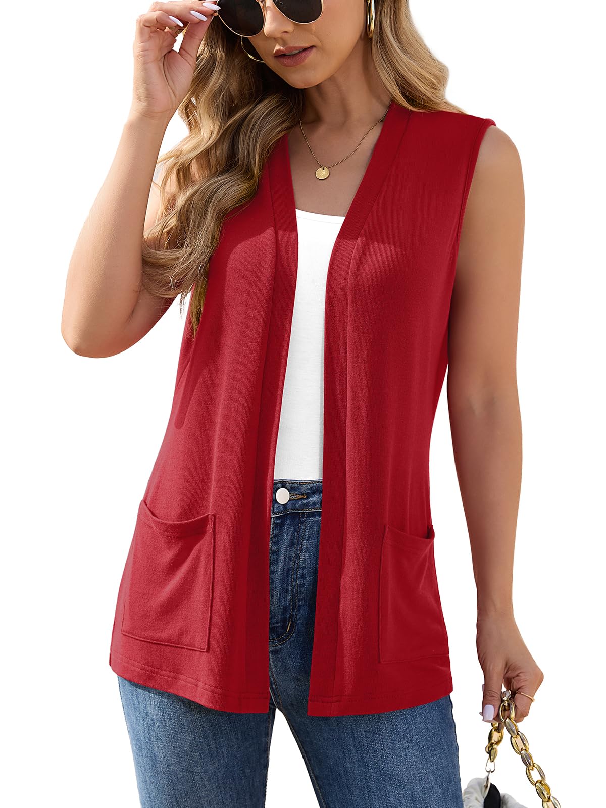 Veryoung Womens Sleeveless Open Front Cardigan Vest Lightweight Thin Vests Layering Top with Pockets for Summer Casual Office