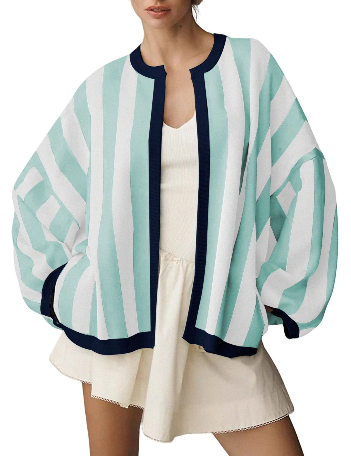 Women's Casual Loose Fit Striped Cardigan Long Balloon Sleeves Open Front Knit Sweater