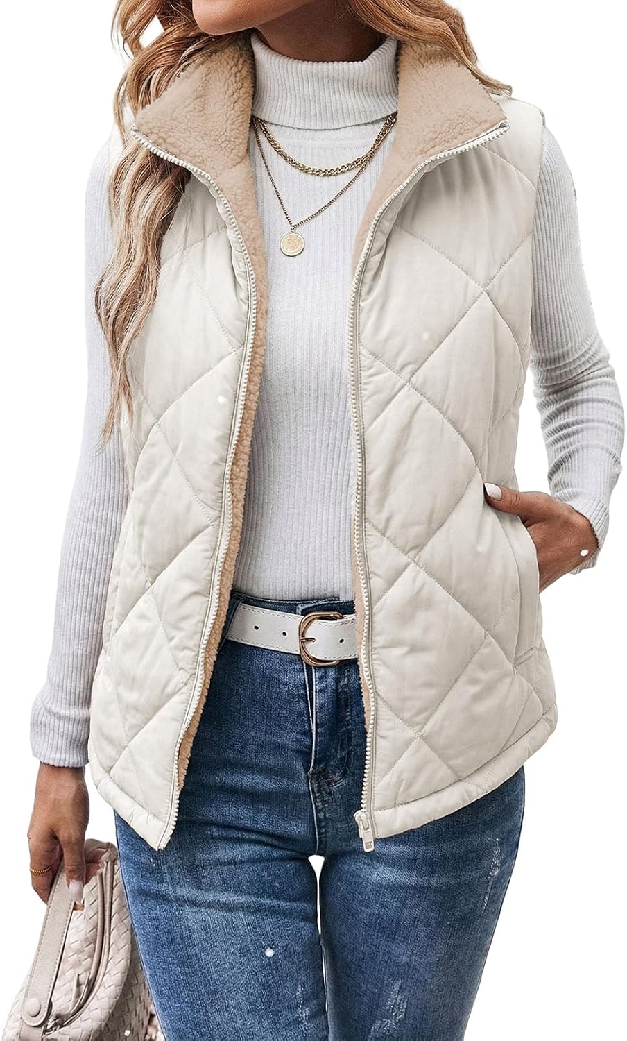 Dokotoo Womens Sherpa Fleece Vest Stand Collar Zip Up Puffer Quilted Jacket