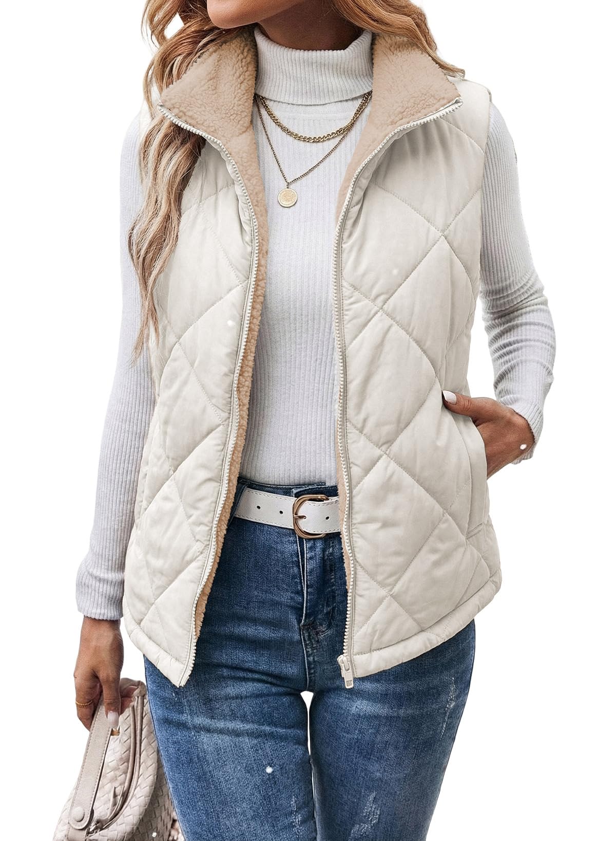 Dokotoo Womens Sherpa Fleece Vest Stand Collar Zip Up Puffer Quilted Jacket