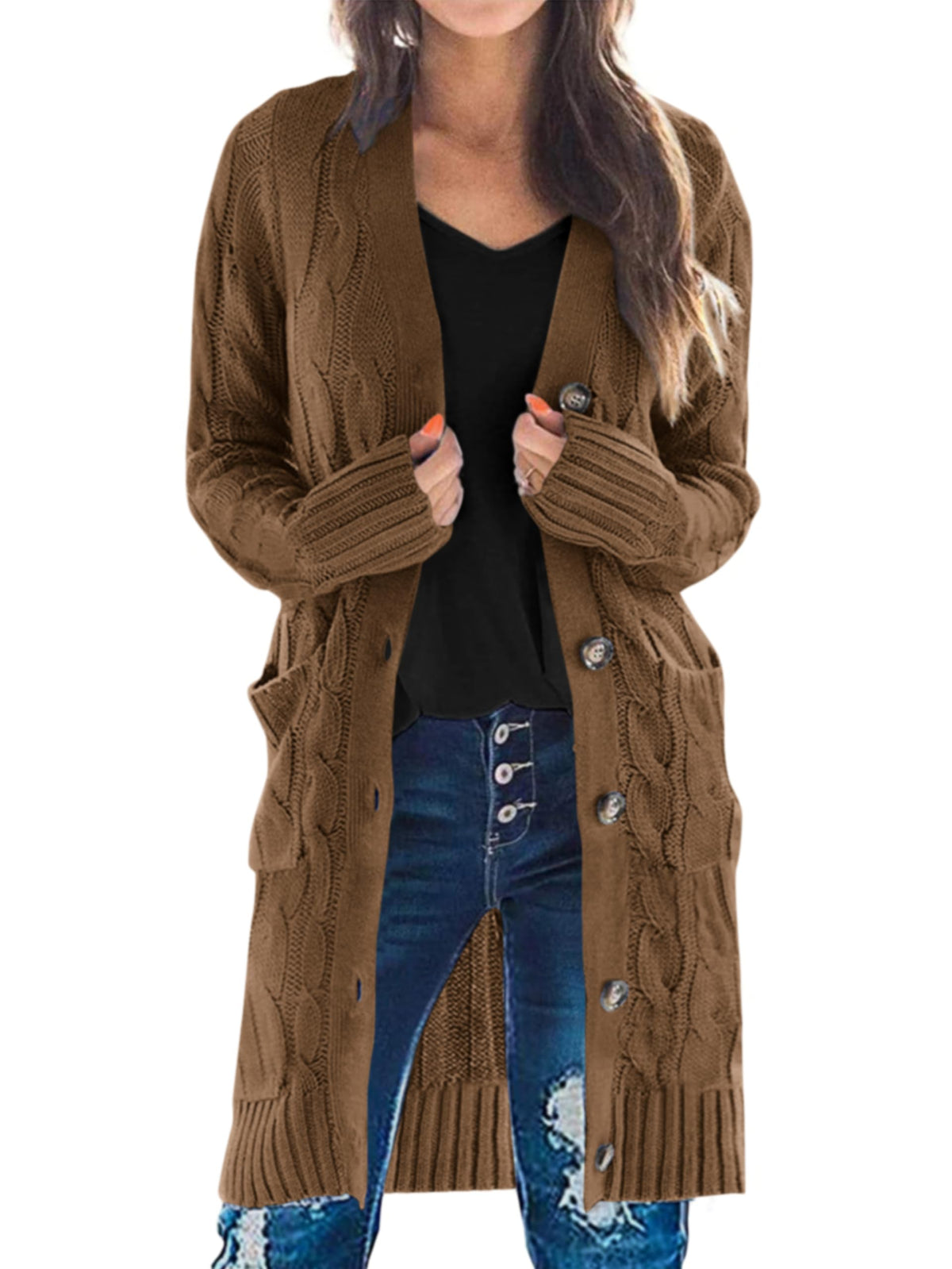 PRETTYGARDEN Womens Cable Knit Button Long Cardigan Sweaters