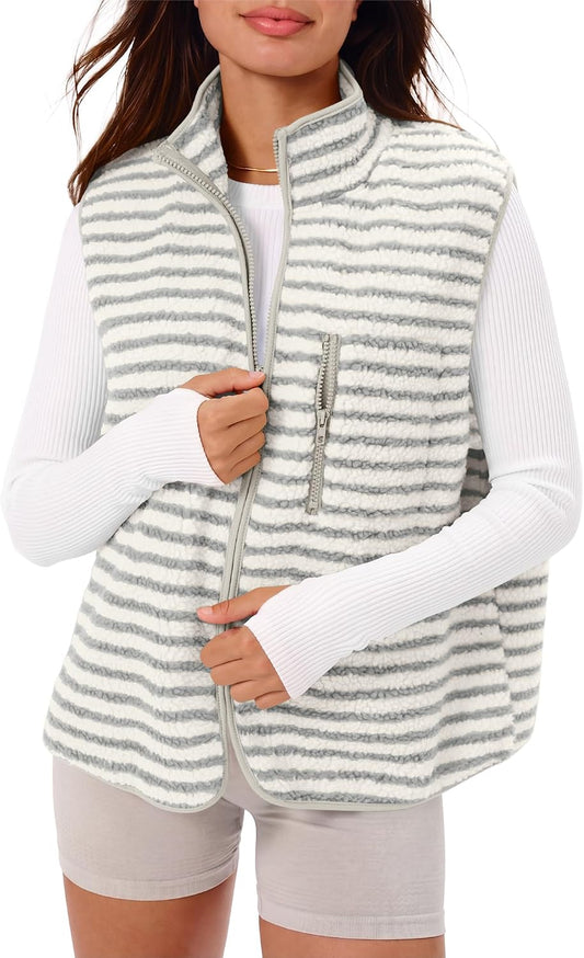 Gacaky Women's Sherpa Fleece Striped Vest Stand Collar Sleeveless Jacket