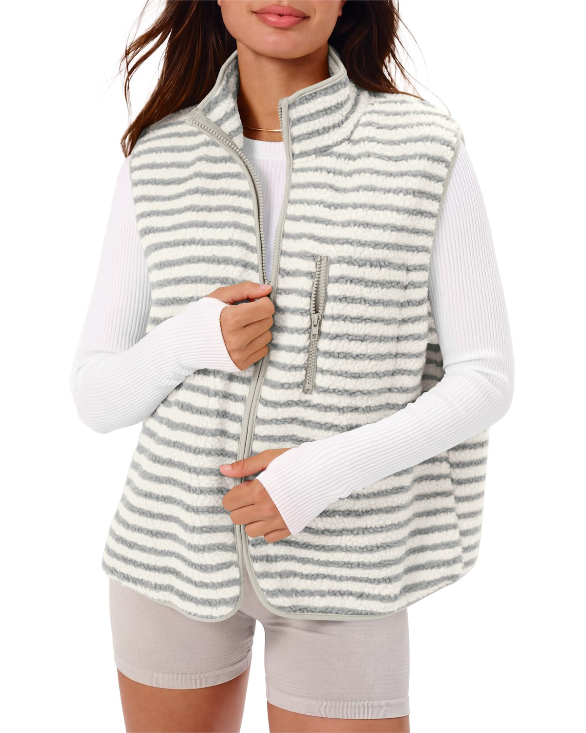 Gacaky Women's Sherpa Fleece Striped Vest Stand Collar Sleeveless Jacket