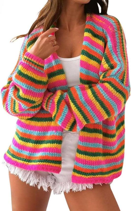 chouyatou Women's Fall Contrast Color Striped Cardigan Sweater Open Front Chunky Knit Cardigan Jacket