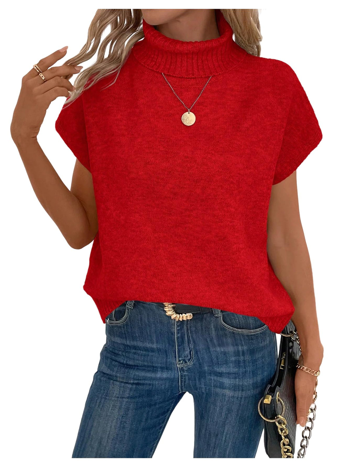 WDIRARA Women's Turtleneck Cap Sleeve Sweater Vest Pullover Knitted Top Loose Oversized Knitwear