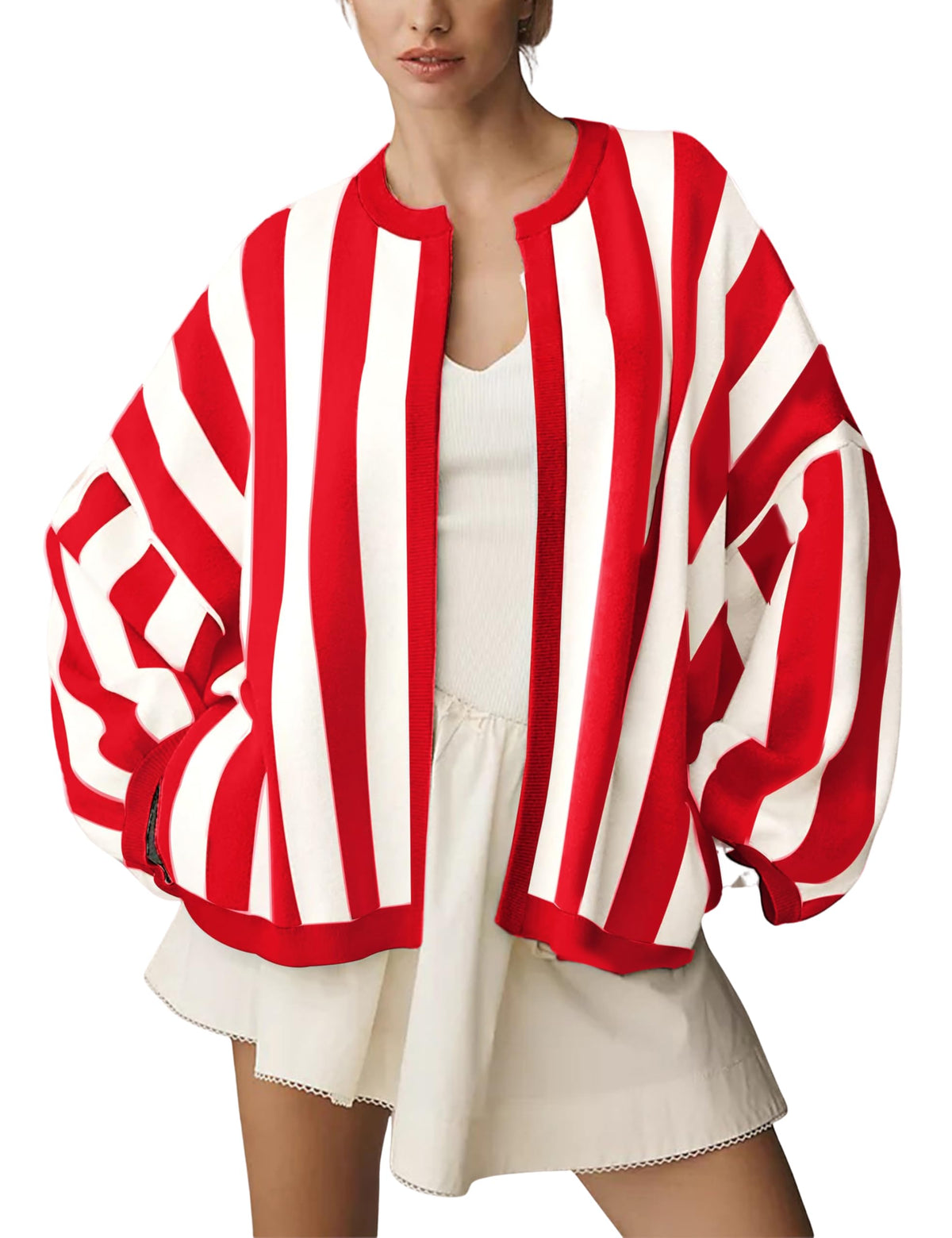 Women's Casual Loose Fit Striped Cardigan Long Balloon Sleeves Open Front Knit Sweater