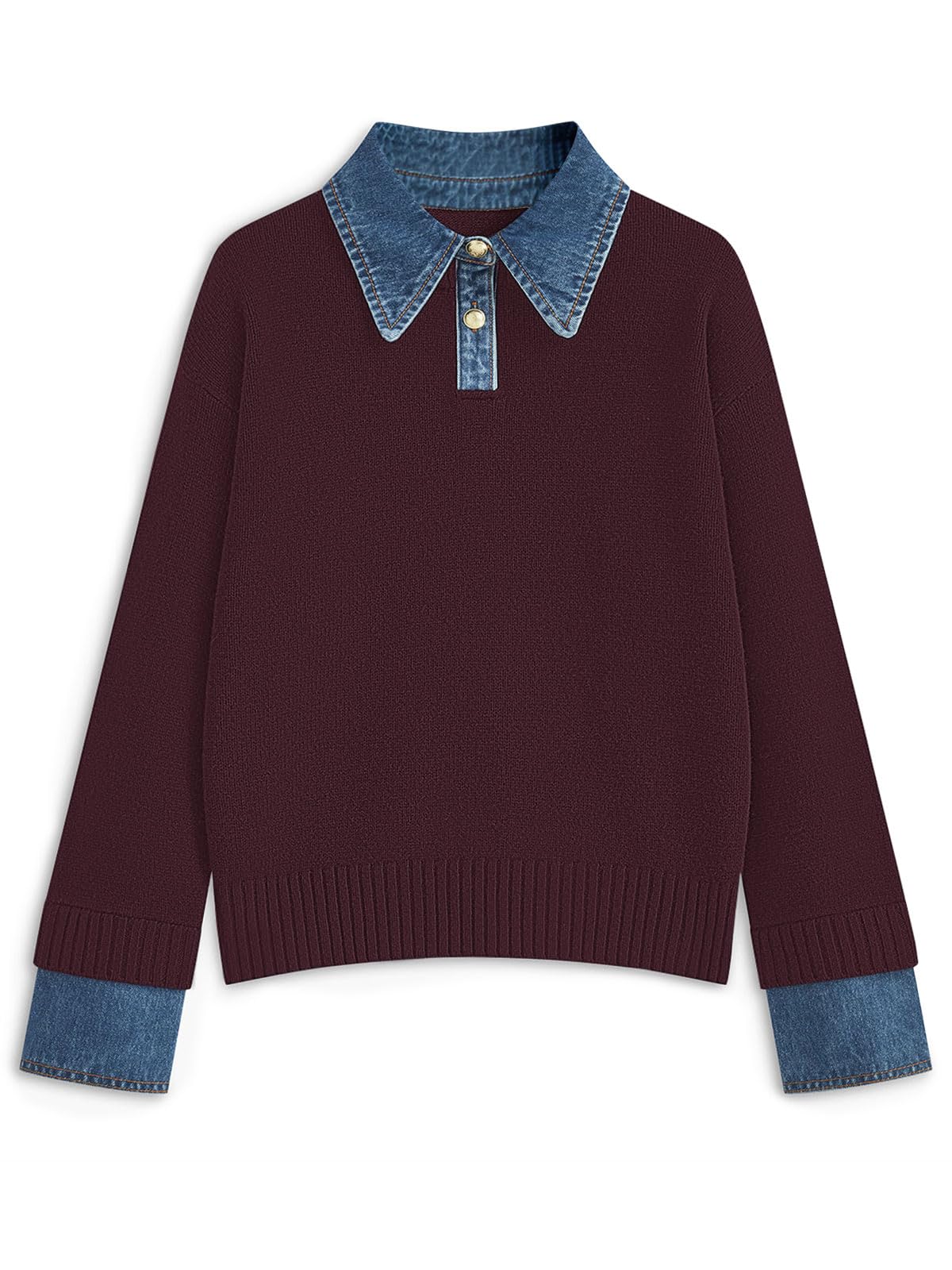 GUNEST Womens Oversized Sweater Denim Polo Knit Collared Fall Sweater