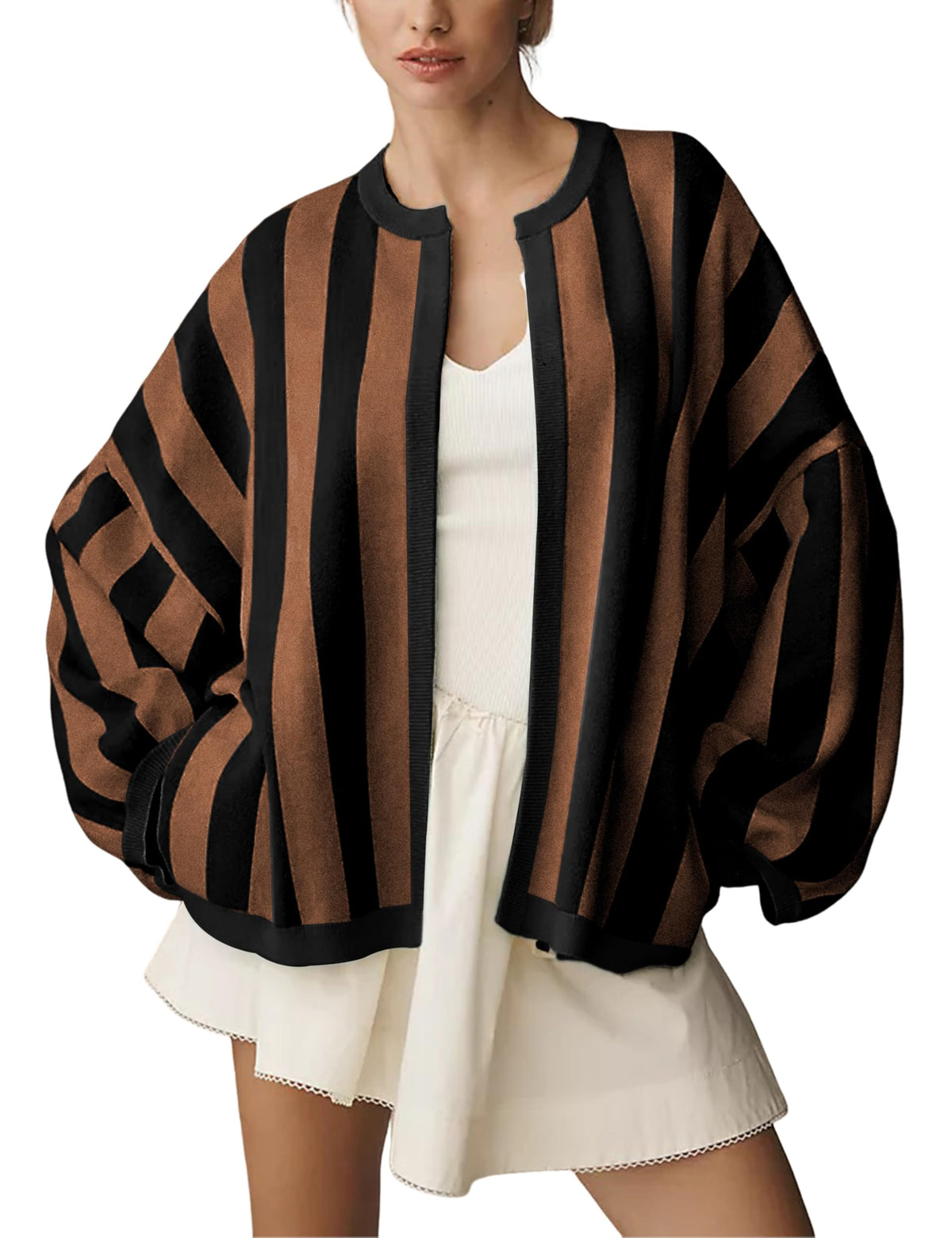 Women's Casual Loose Fit Striped Cardigan Long Balloon Sleeves Open Front Knit Sweater
