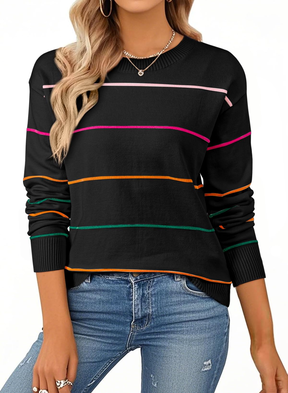 SHEWIN Womens Sweaters Crew Neck Knit Long Sleeve Striped Sweater Fall Outfits for Women 2026