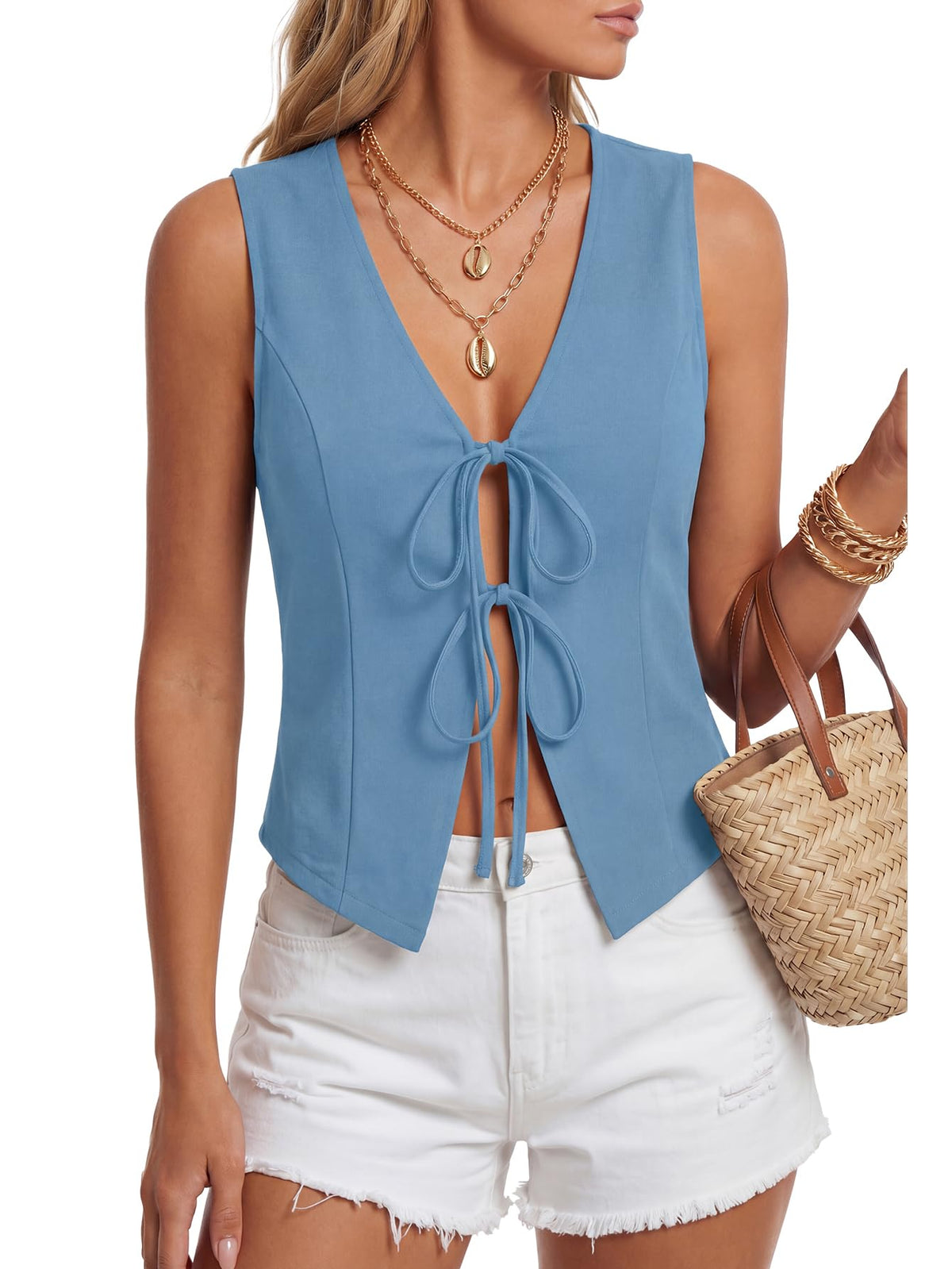 Vrtige Women's Y2k V Neck Tie Front Tank Tops