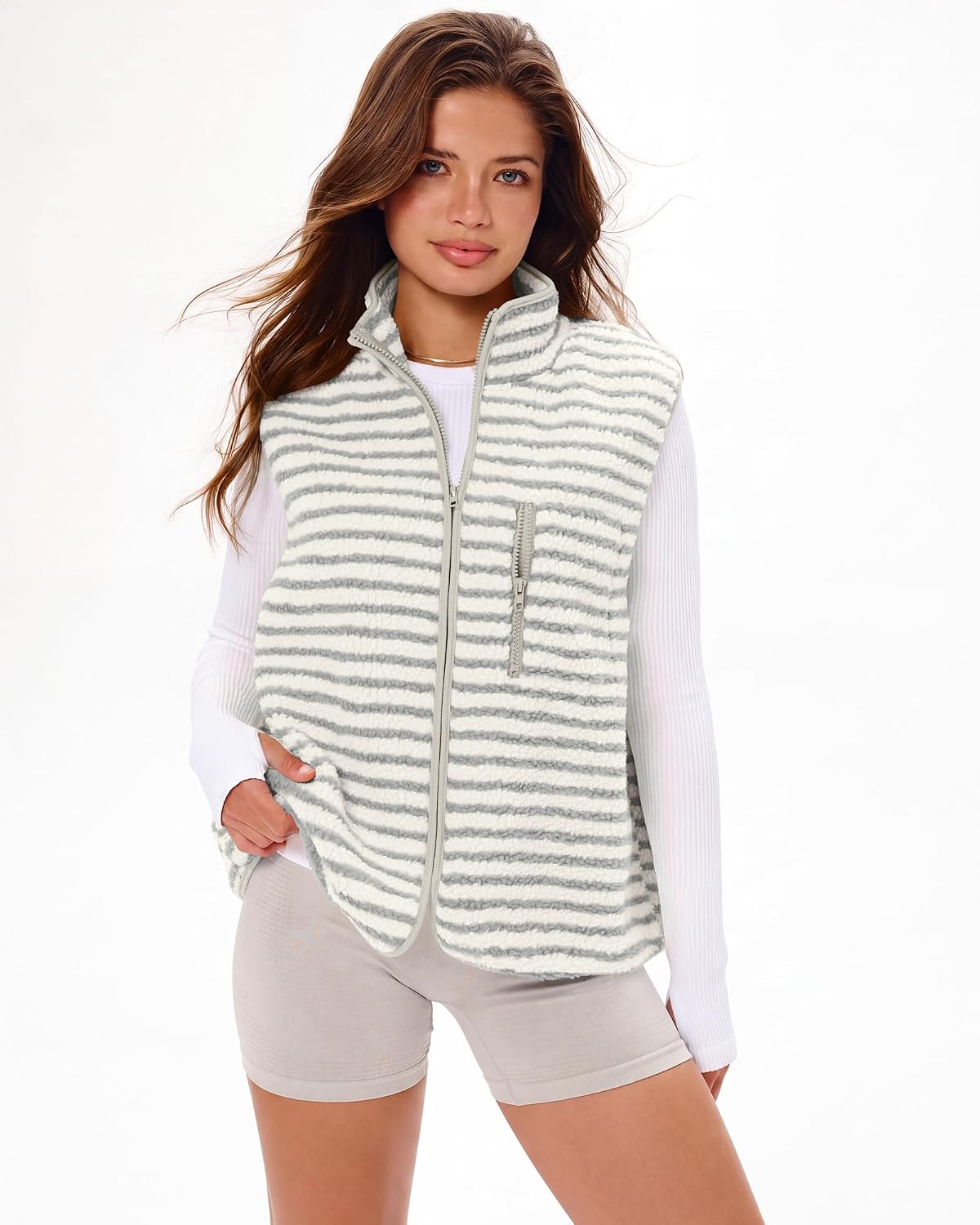 Gacaky Women's Sherpa Fleece Striped Vest Stand Collar Sleeveless Jacket