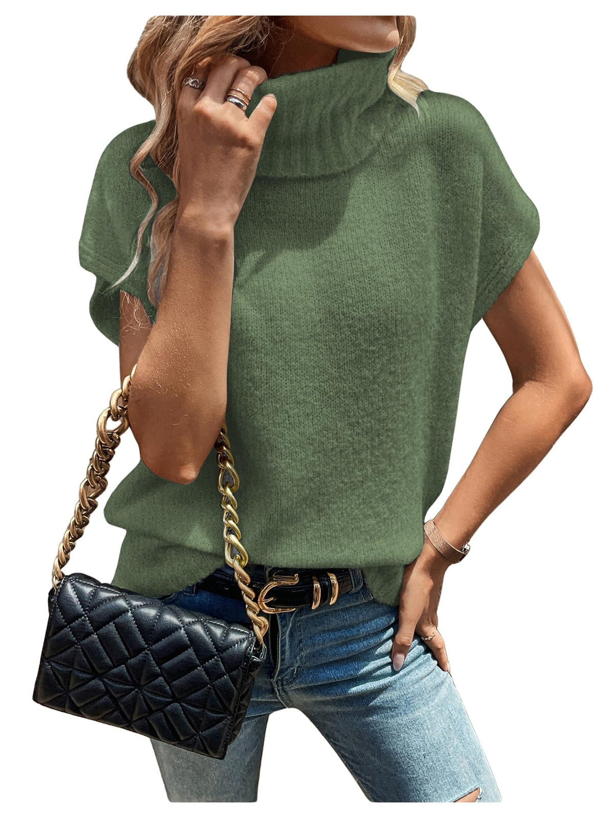 WDIRARA Women's Turtleneck Cap Sleeve Sweater Vest Pullover Knitted Top Loose Oversized Knitwear