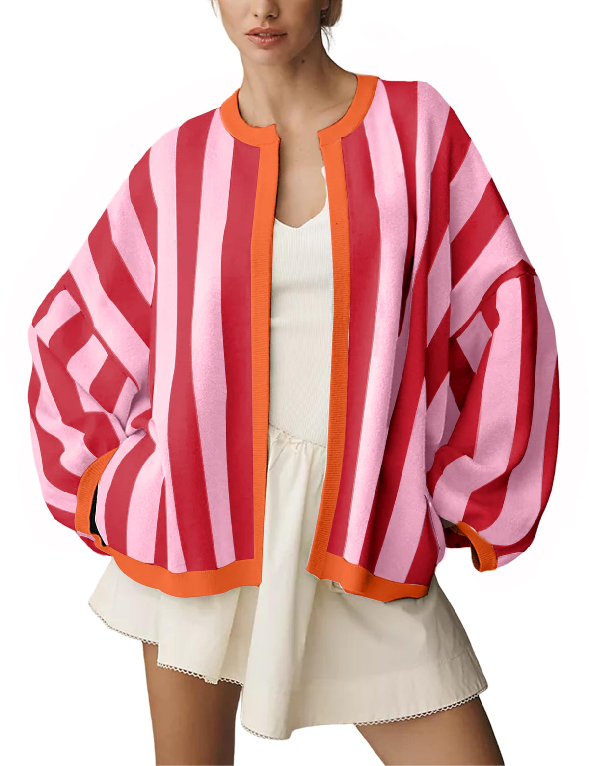 Women's Casual Loose Fit Striped Cardigan Long Balloon Sleeves Open Front Knit Sweater