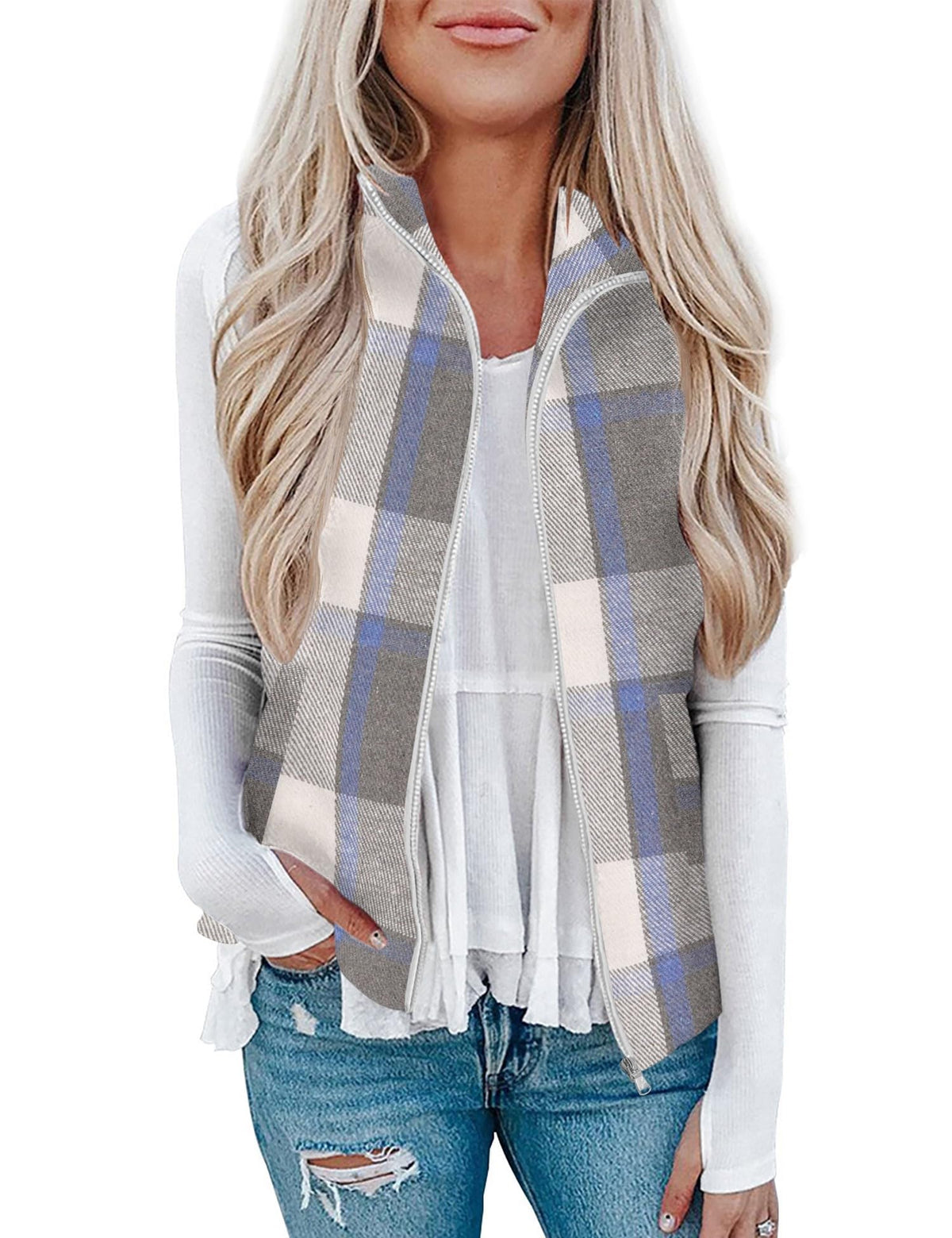 Rapbin Women's Plaid Outerwear Vests Tops Zip Up Collared Sleeveless Jacket with Pockects