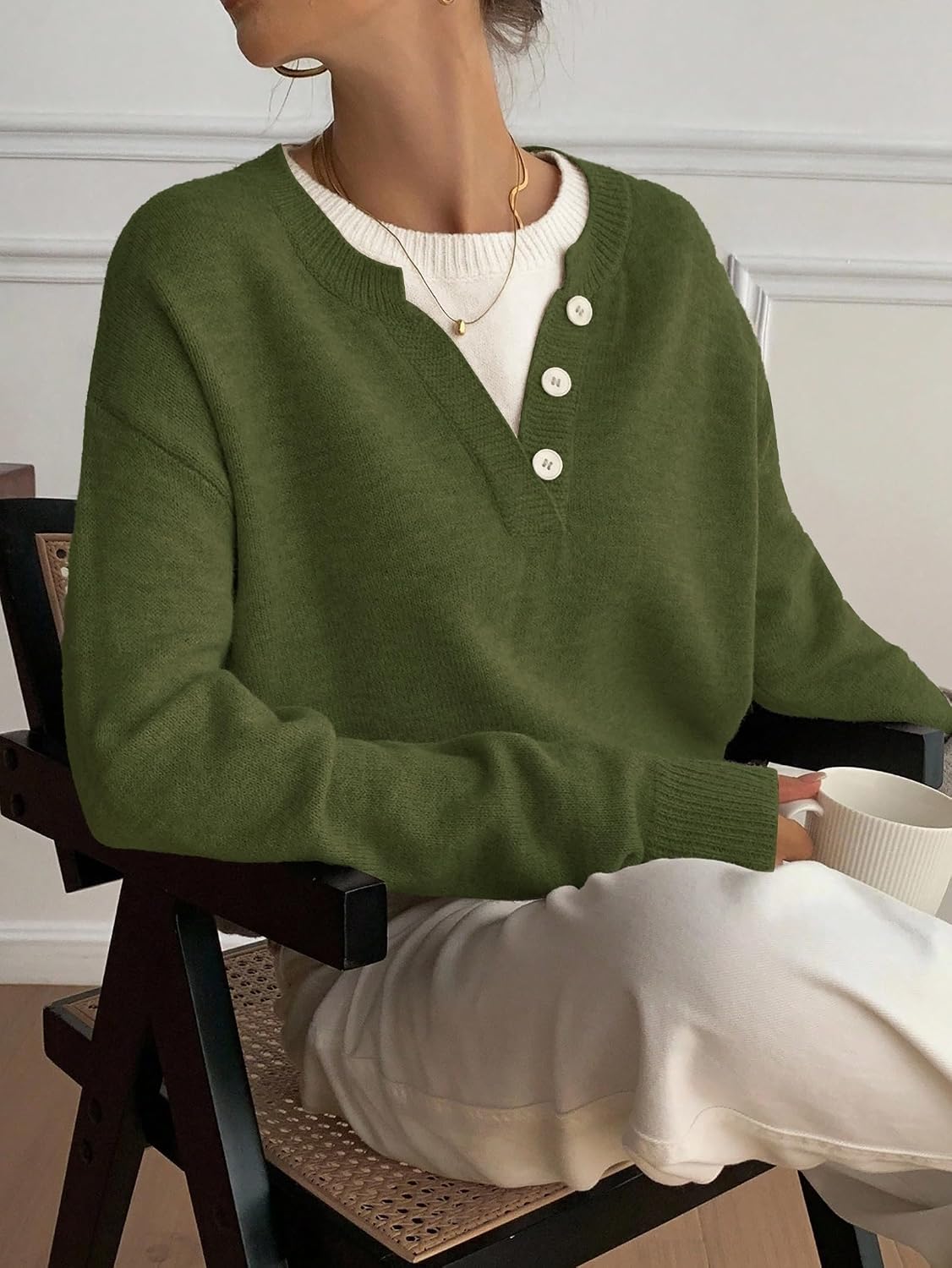 Womens Sweaters Casual Henley Neck Long Sleeve Pullover Tops 2026