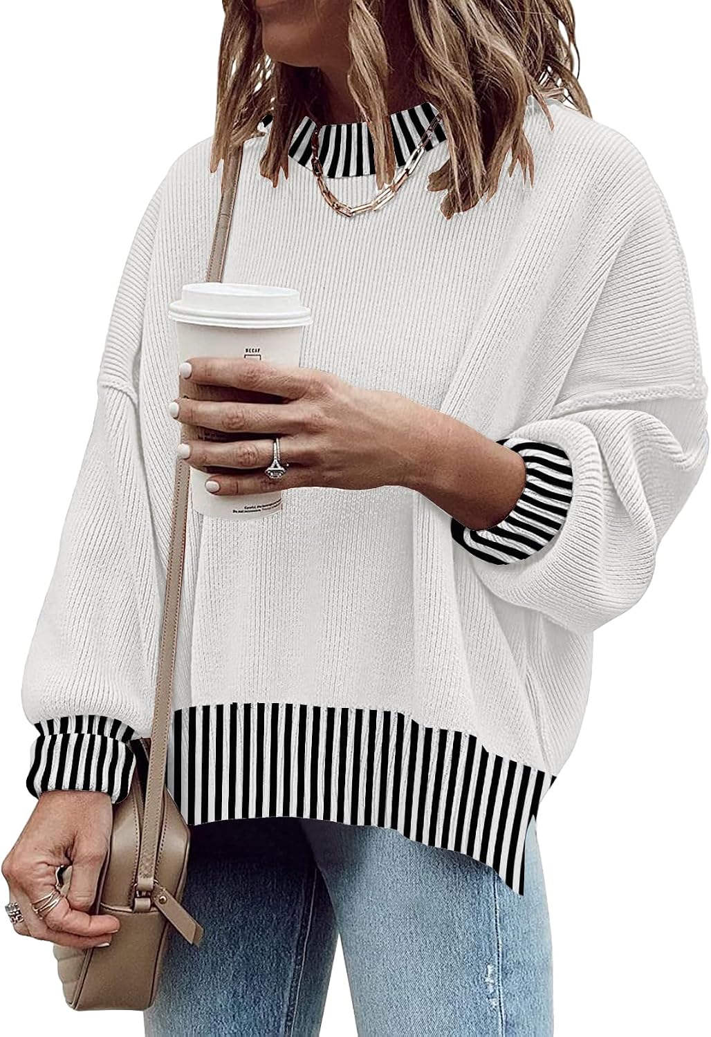 Womens Oversized Sweaters Fall Fashion Side Slit Ribbed Pullover Sweater