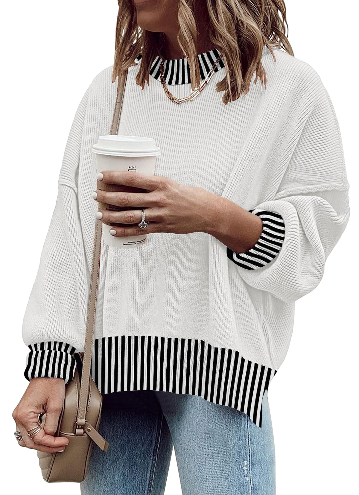 Womens Oversized Sweaters Fall Fashion Side Slit Ribbed Pullover Sweater