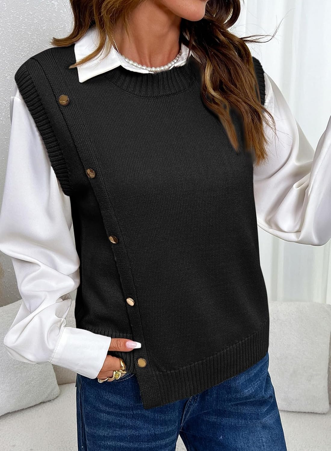 Pink Queen Women's Sleeveless Pullover Button Decor Knit Sweater Vest