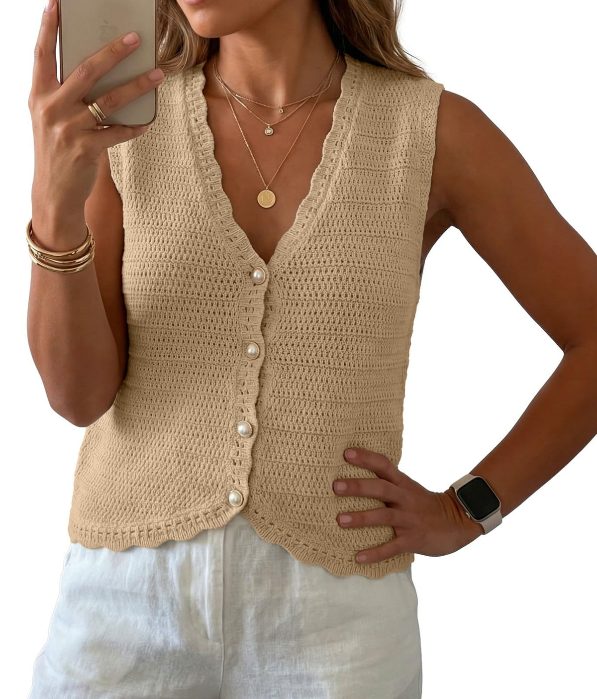 GRECERELLE Women's Summer Sleeveless V Neck Sweater Vest Knit Tank Top