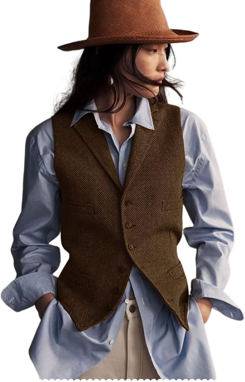 Women's Herringbone Tweed Waistcoat V-Neck Lapel Suit Vest