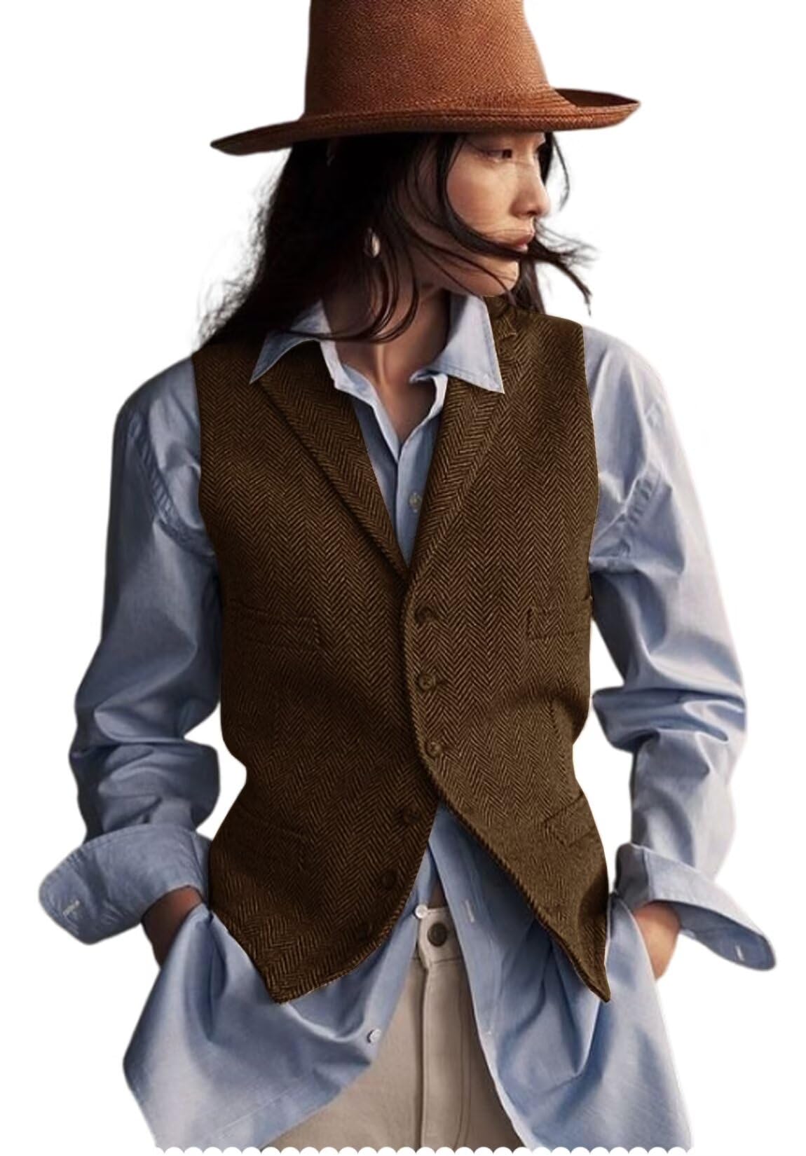 Women's Herringbone Tweed Waistcoat V-Neck Lapel Suit Vest