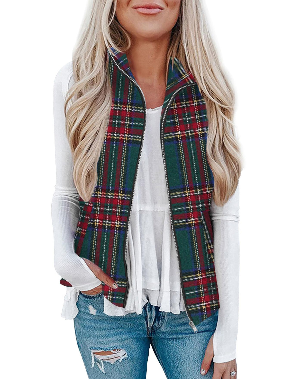 Rapbin Women's Plaid Outerwear Vests Tops Zip Up Collared Sleeveless Jacket with Pockects