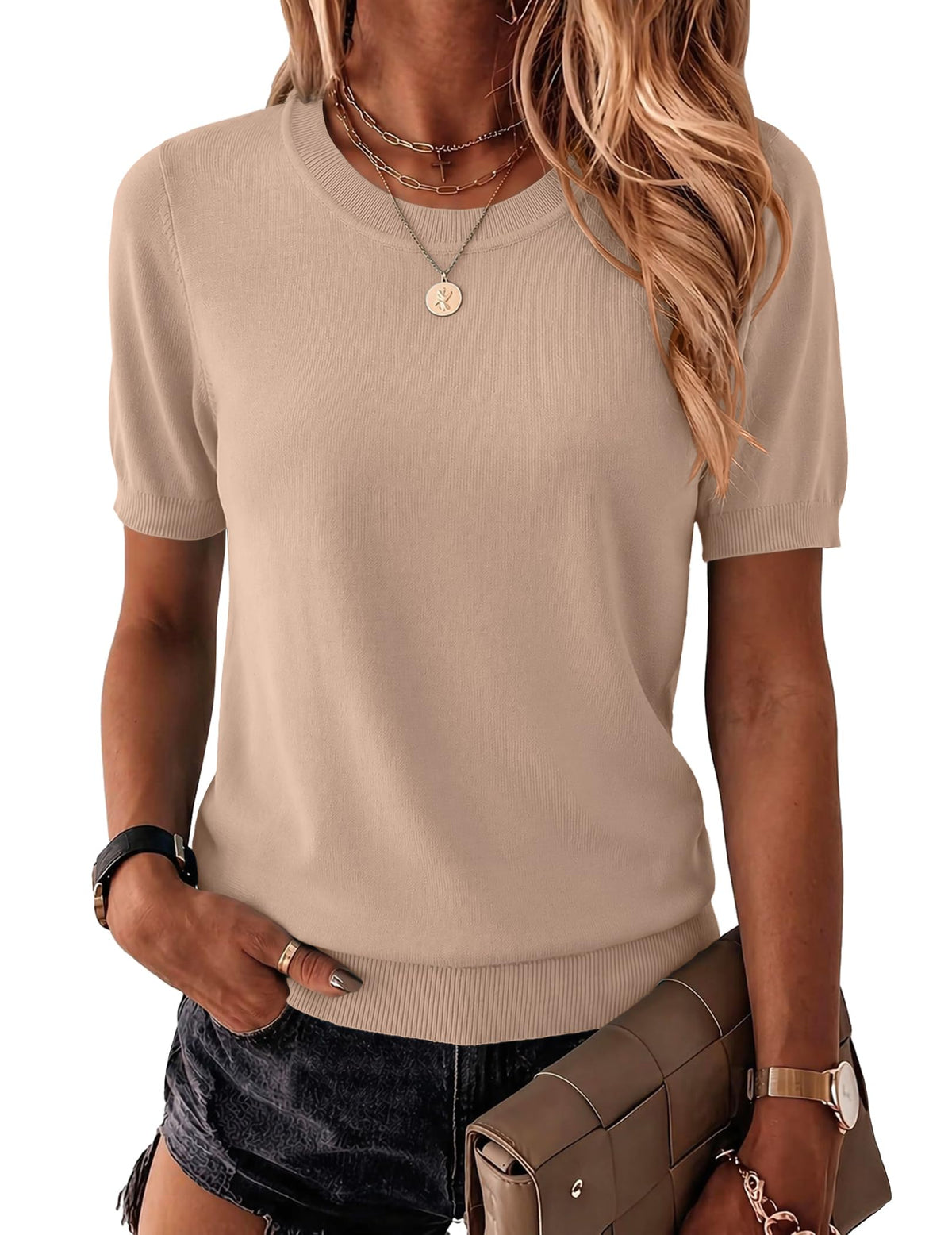 Zeagoo Womens Tops Short Sleeve Sweater Crewneck Basic Fashion Clothing