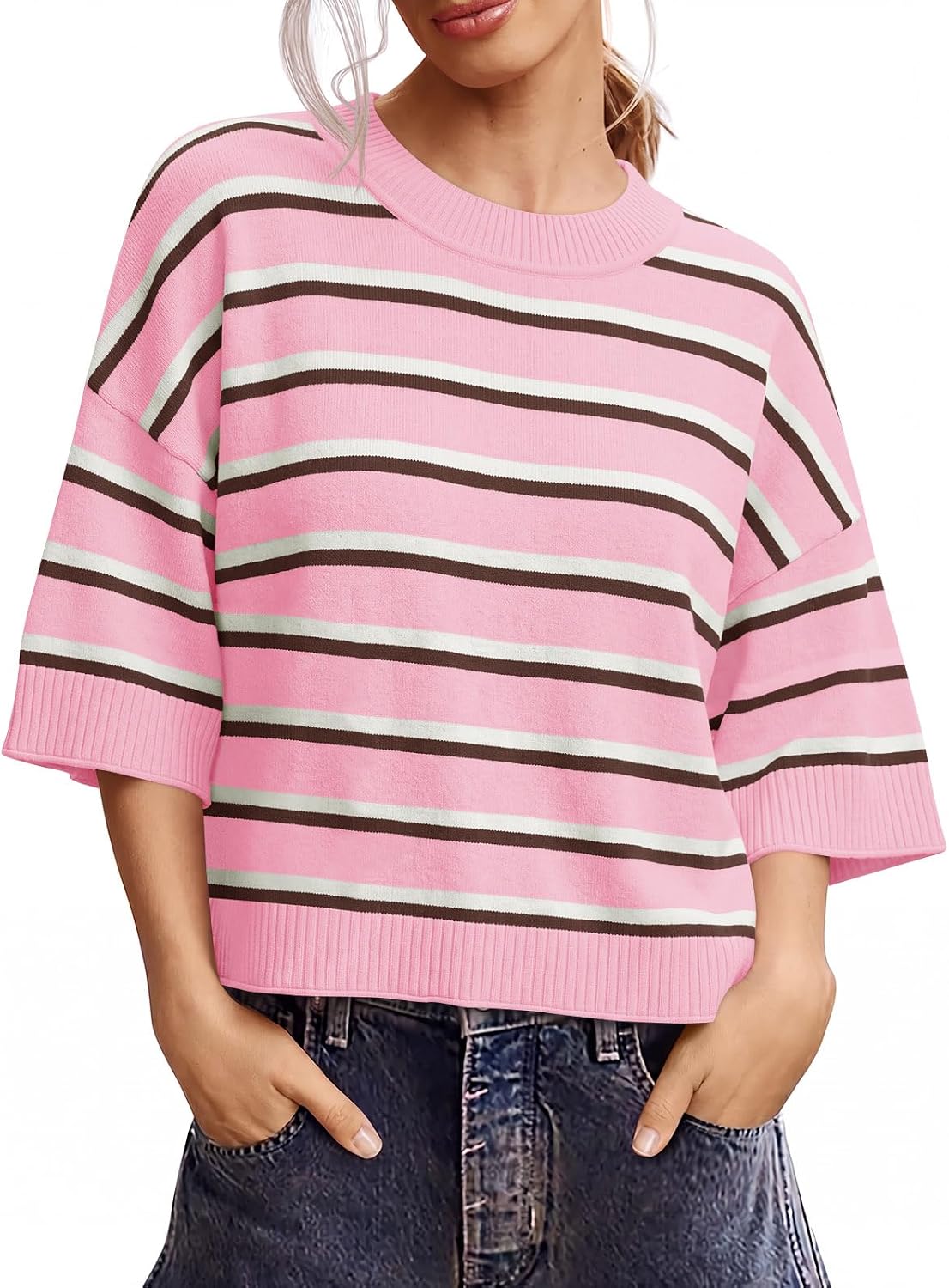 Saodimallsu Womens Short Sleeve Sweater Oversized Cropped Sweaters Knit Top