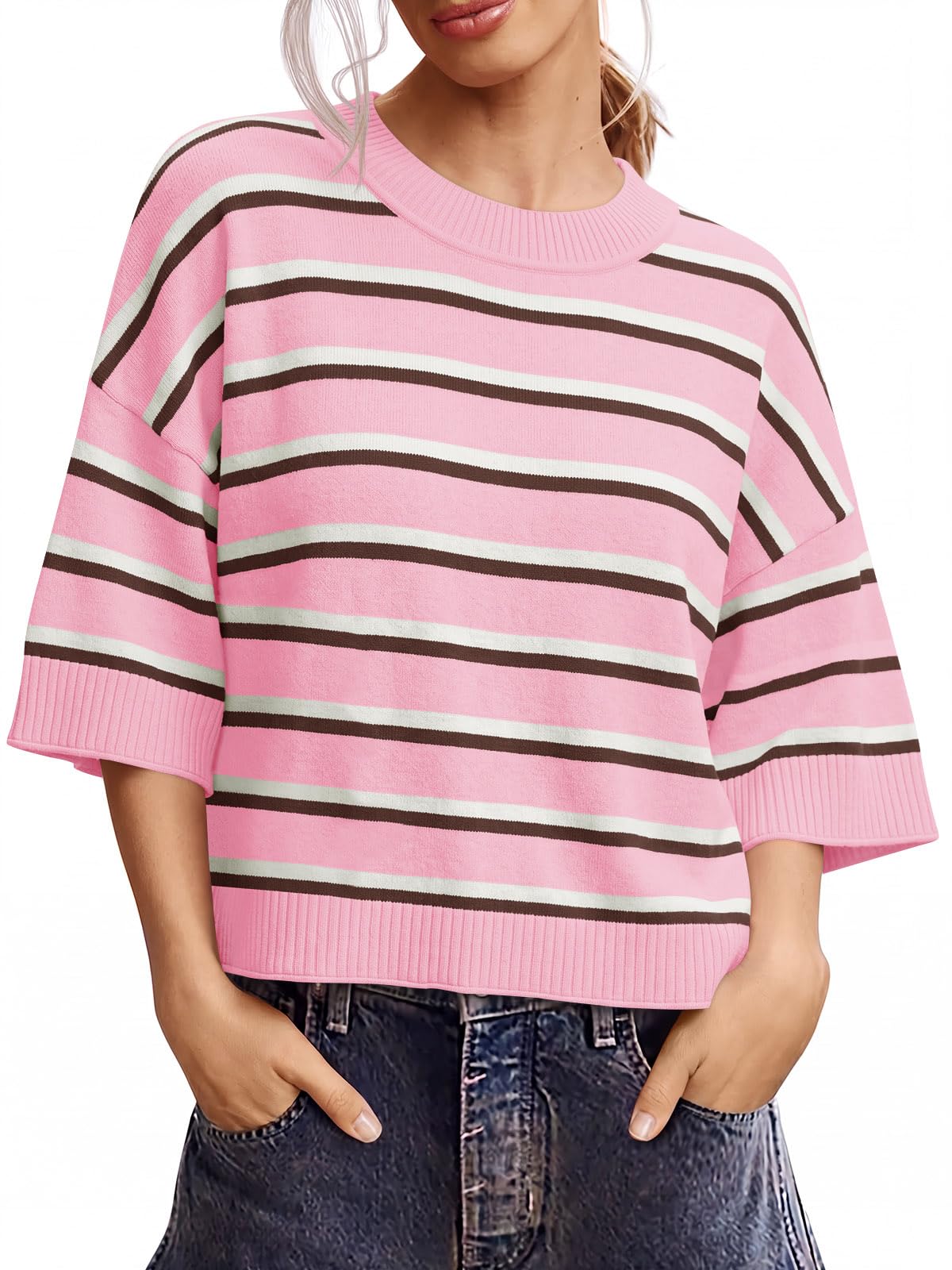 Saodimallsu Womens Short Sleeve Sweater Oversized Cropped Sweaters Knit Top